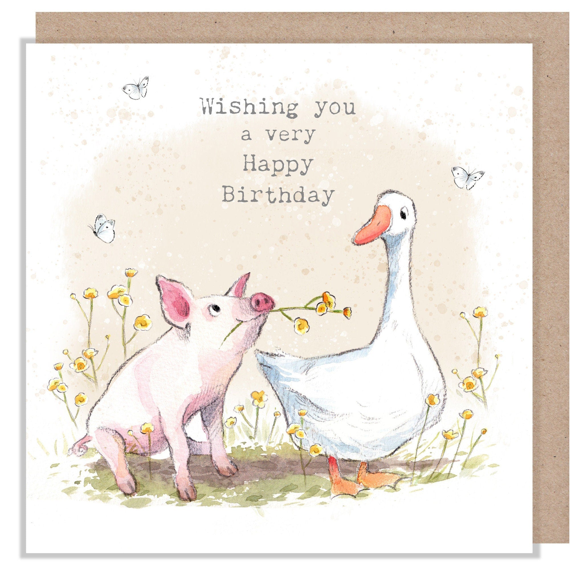 Birthday Card - Wishing You a Very Happy Birthday - Pig and Goose with Flowers