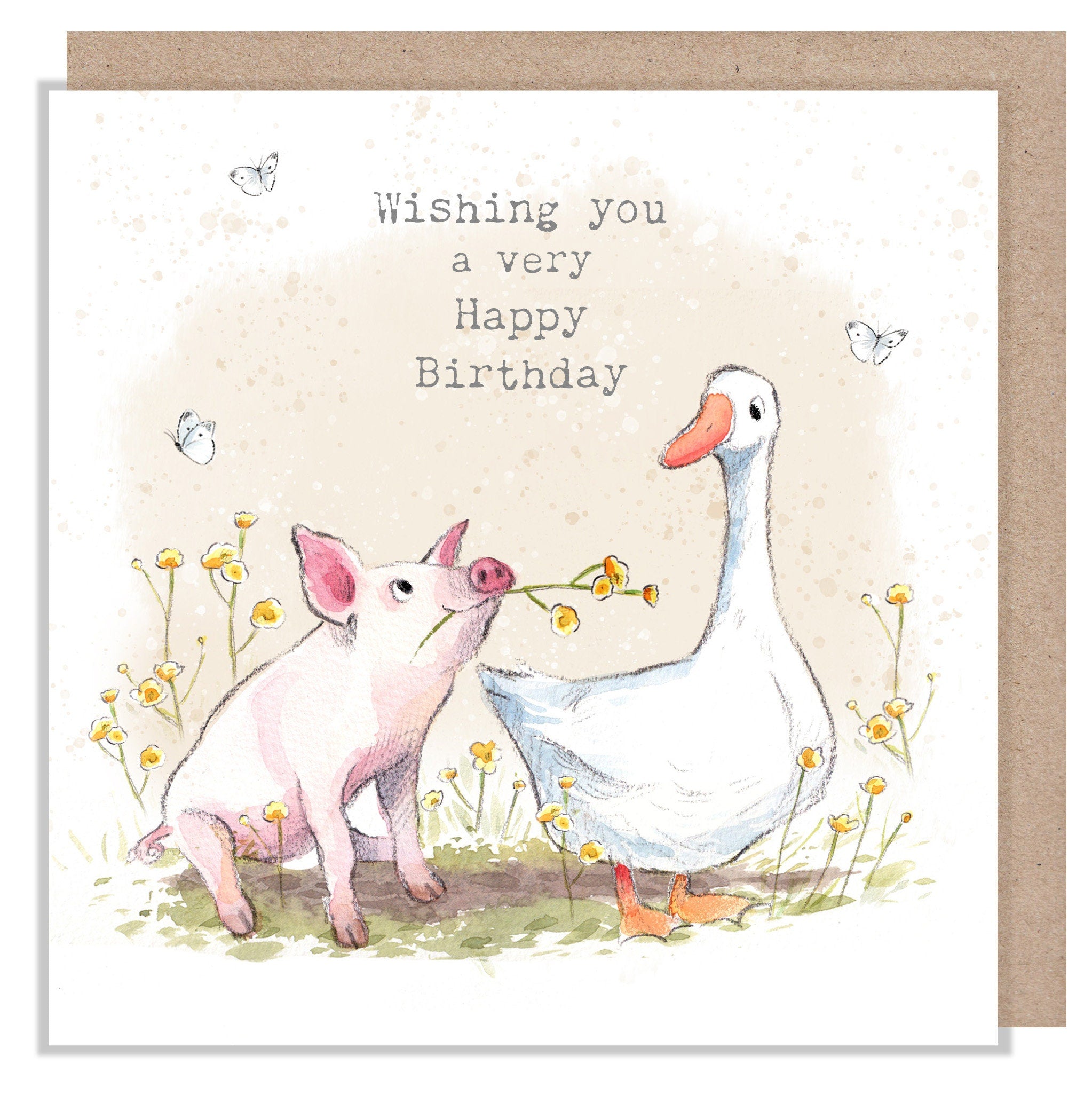 Birthday Card - Wishing You a Very Happy Birthday - Pig and Goose with Flowers