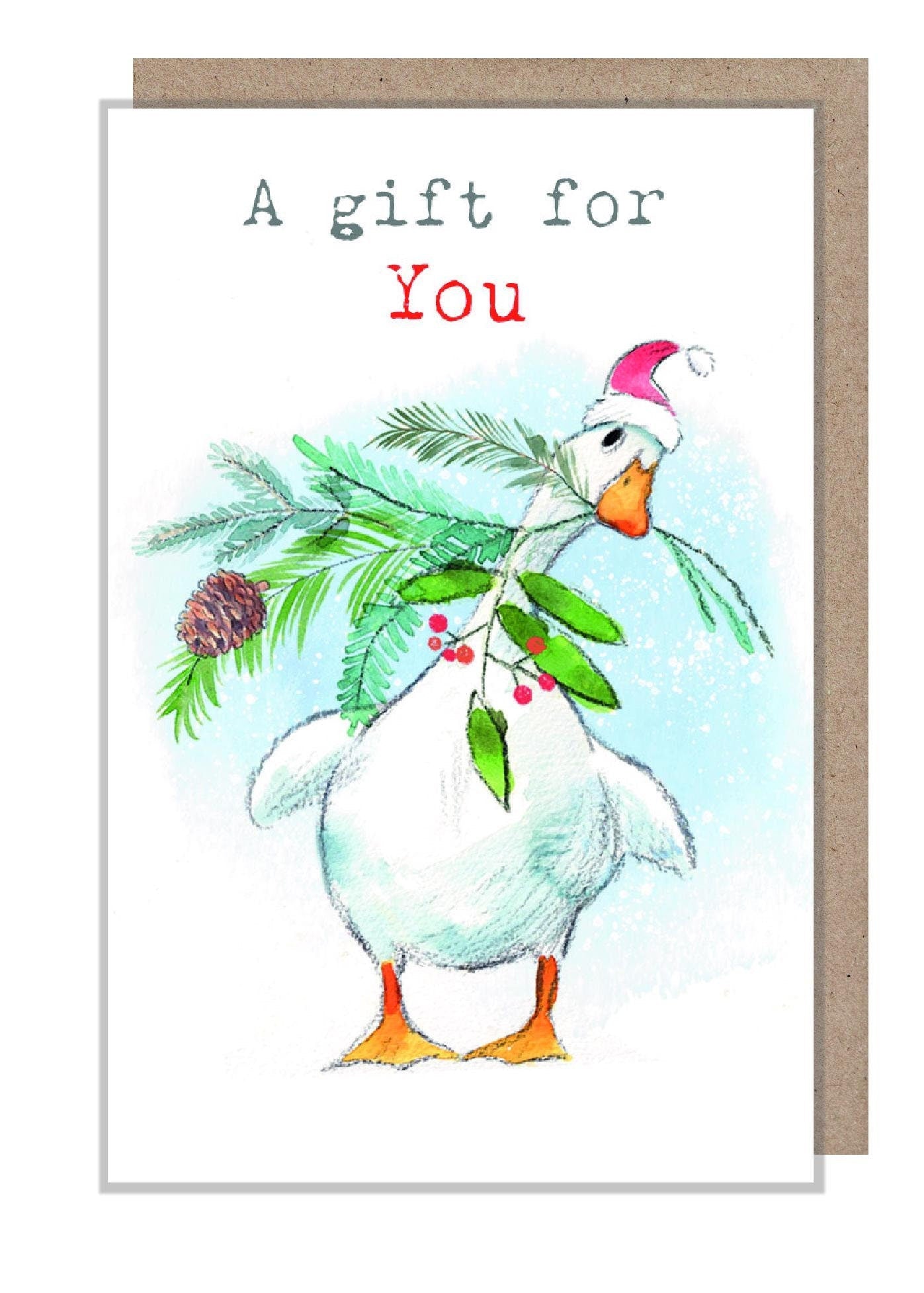 Christmas Gift Card - a Gift For You - White Duck with Foliage