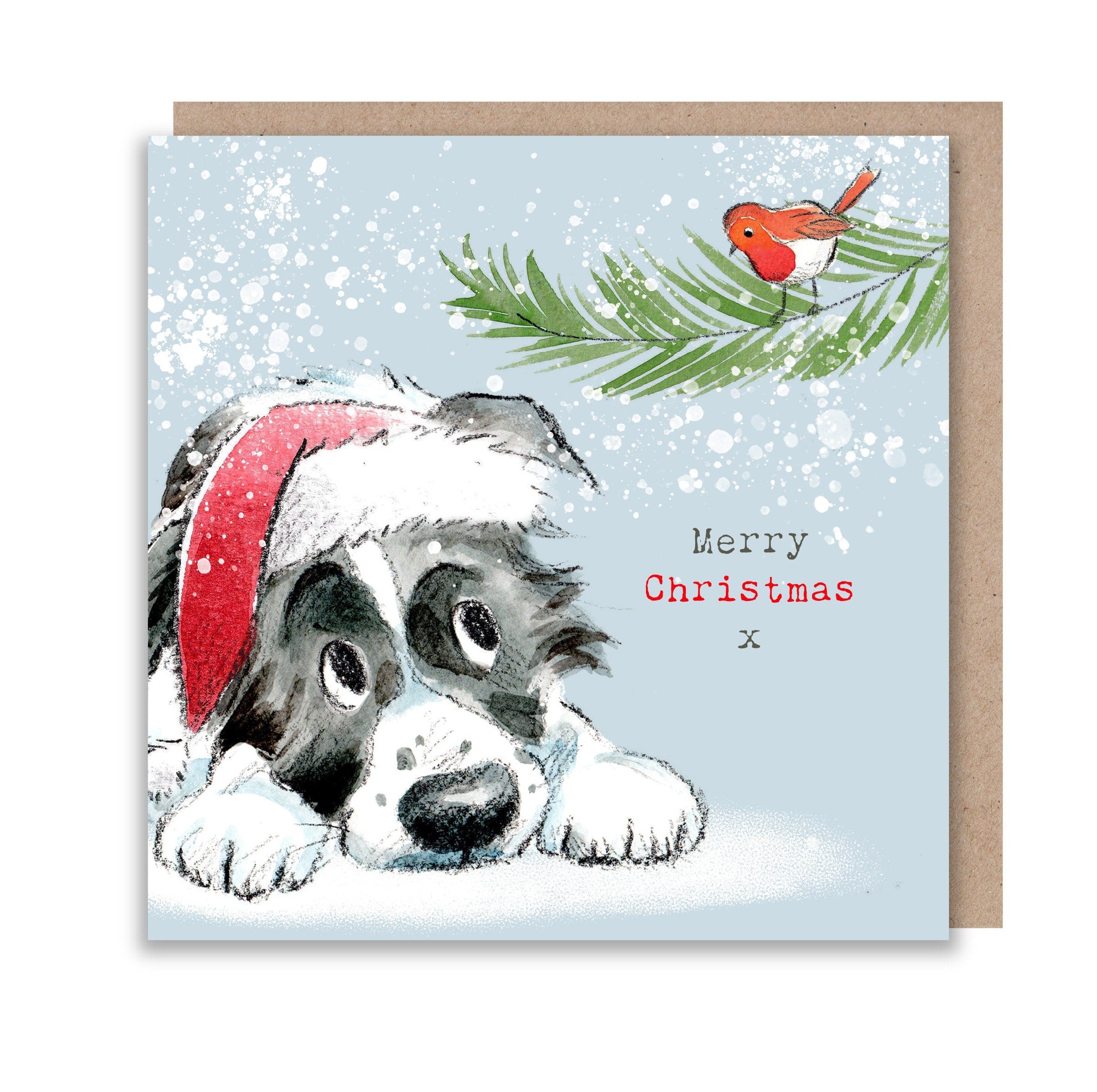 Christmas Card - Merry Christmas - Border Collie P{Puppy Looking at Robin