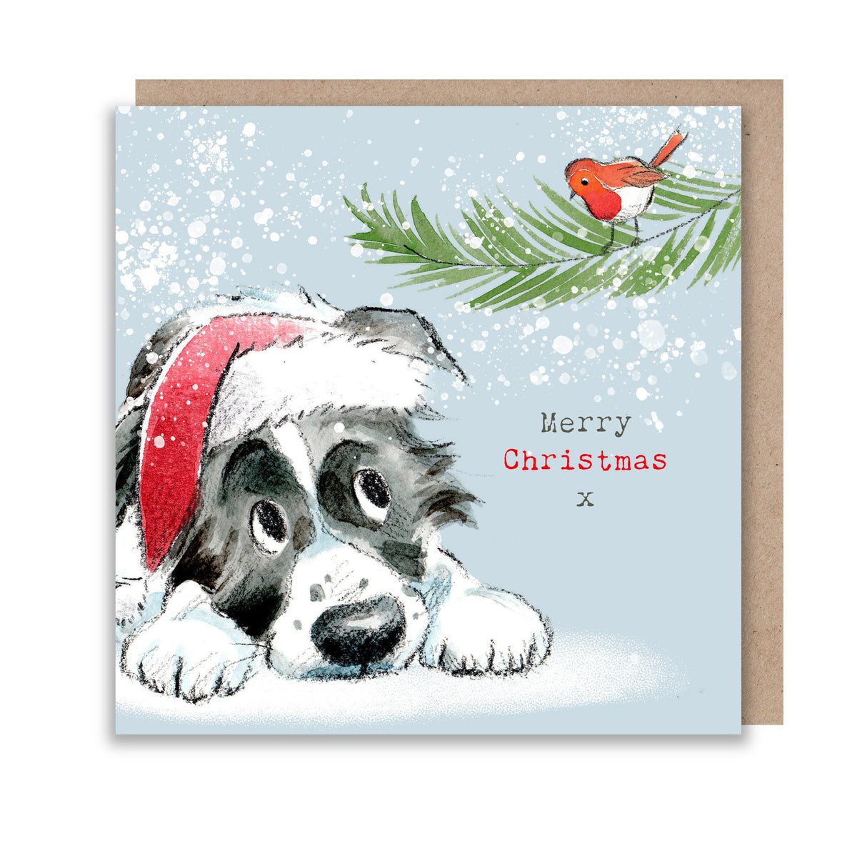 Christmas Card - Merry Christmas - Border Collie P{Puppy Looking at Robin