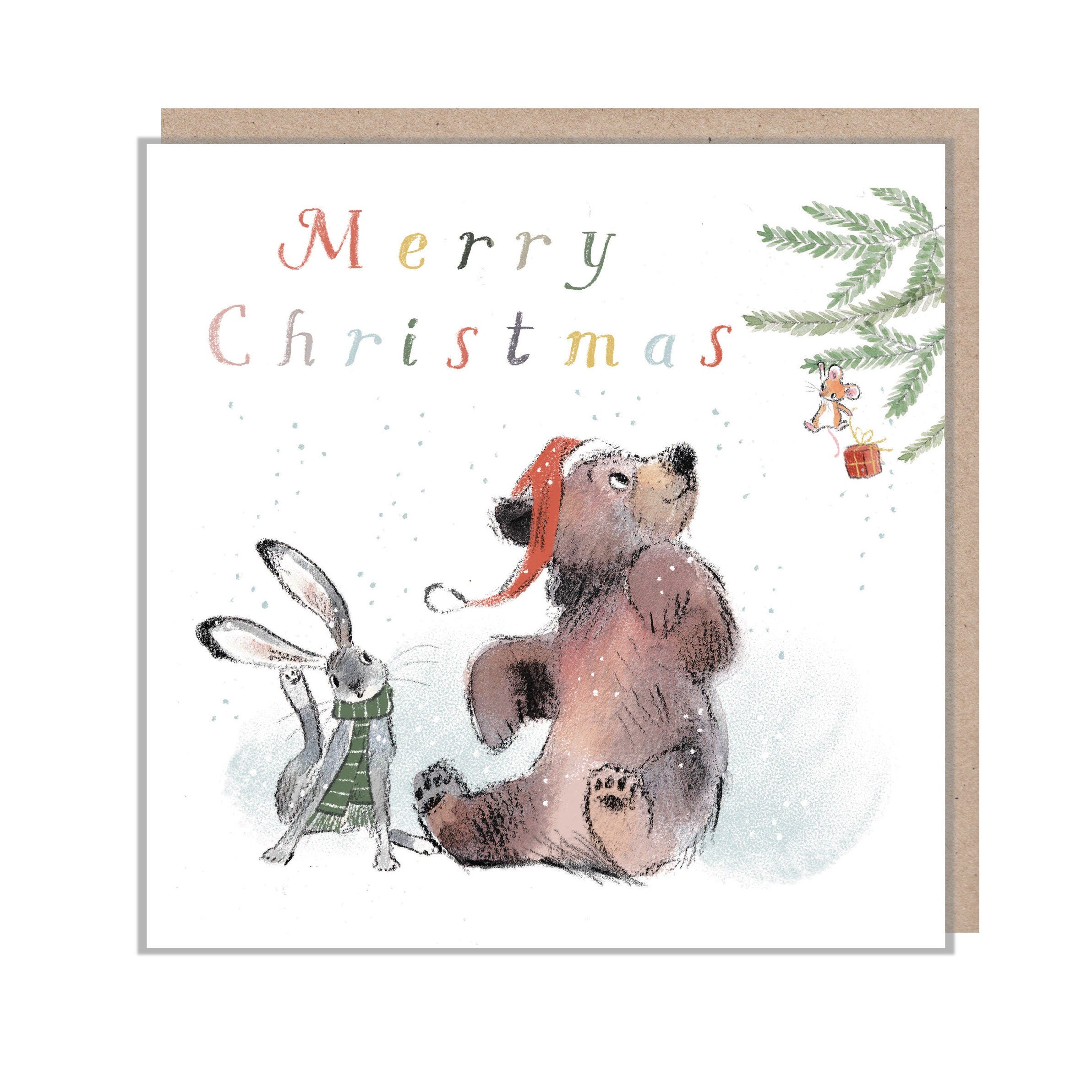 Christmas Card - Merry Christmas - Bear and Hare Looking at Mouse Hanging From Tree.