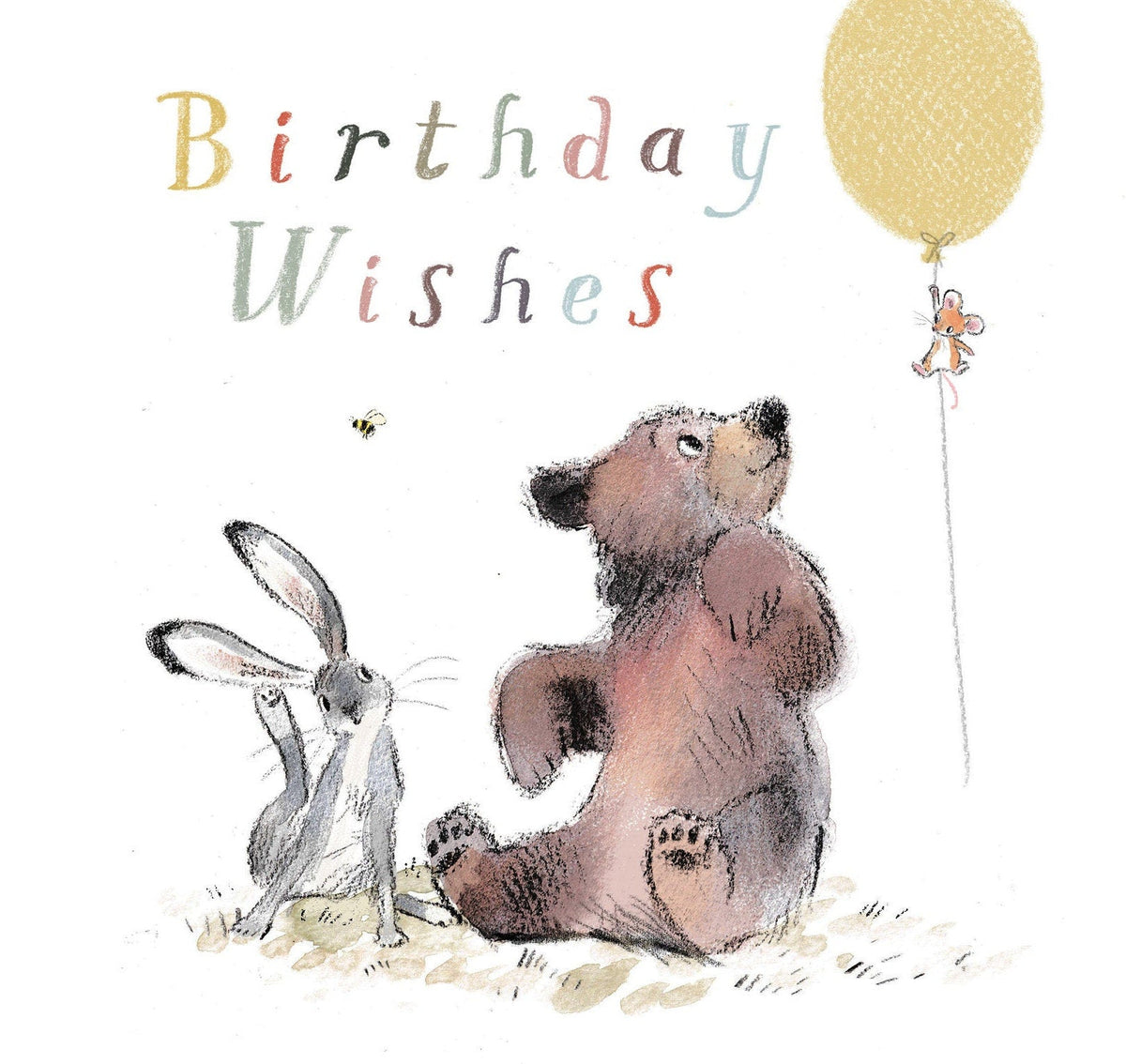 Cute Birthday Card - Birthday Wishes - Bear and Hare Watch Floating Mouse with Balloon.