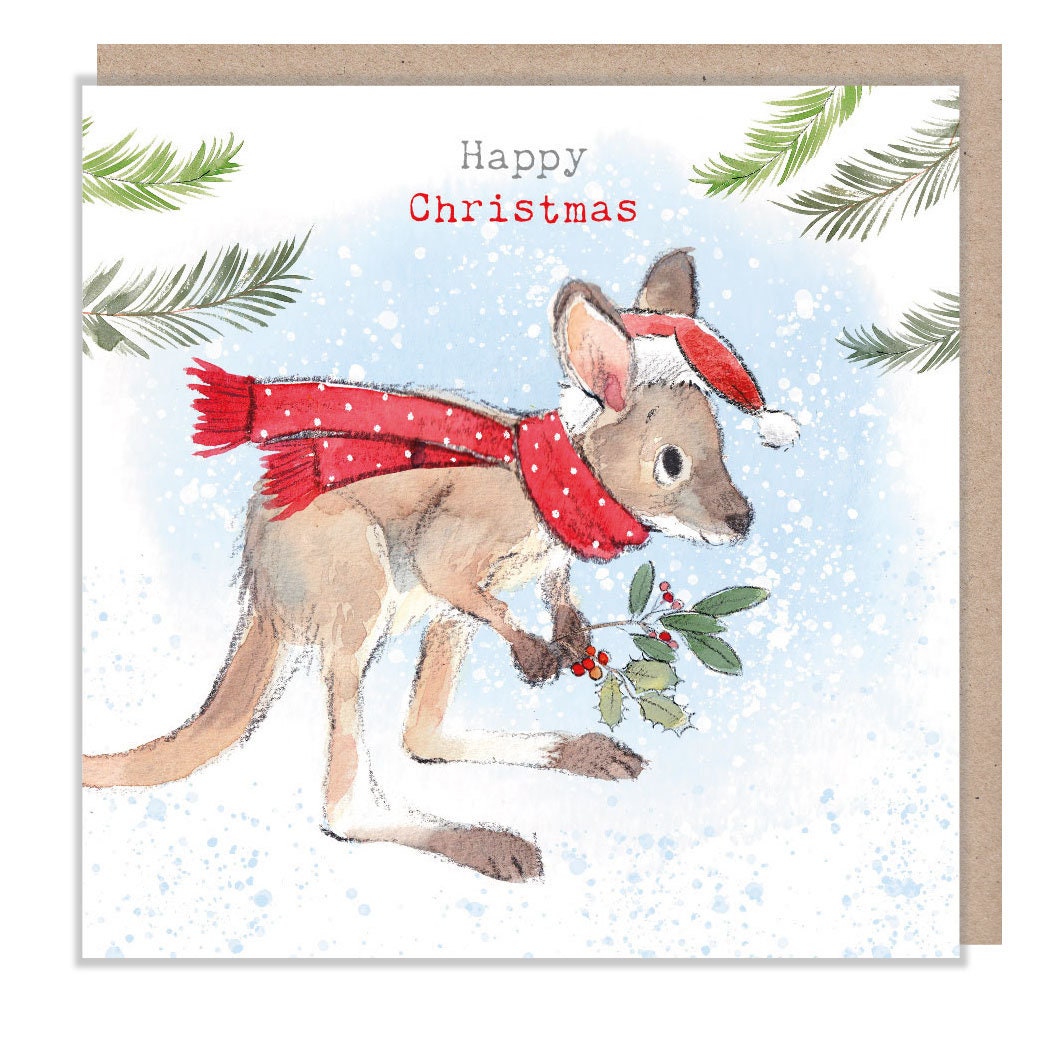 Christmas Card - Kangaroo Wearing Hat and Scarf - Holding Foliage. Happy Christmas
