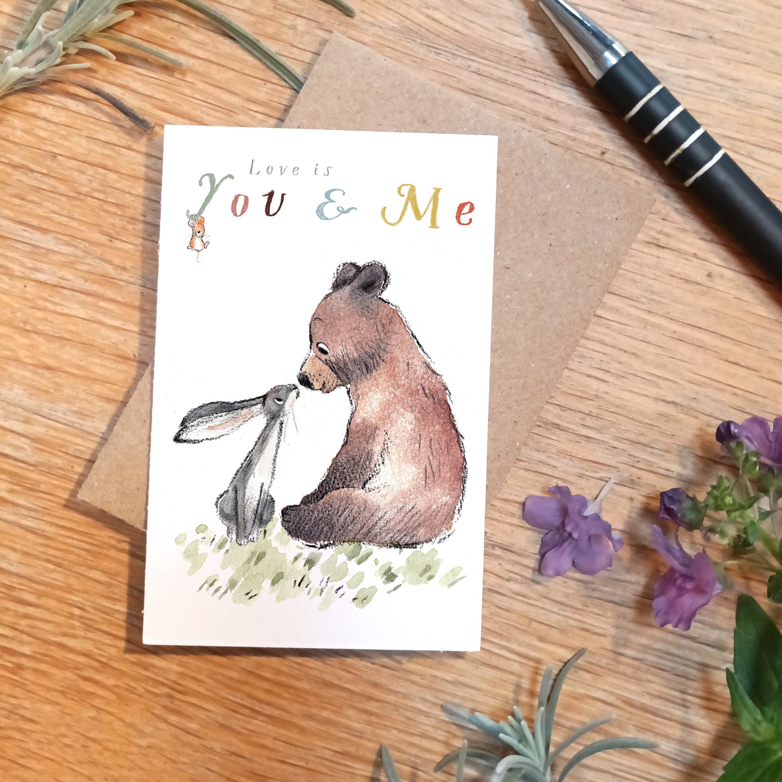 Sentiment Card - Love Is You & Me - Bear, Hare and Mouse