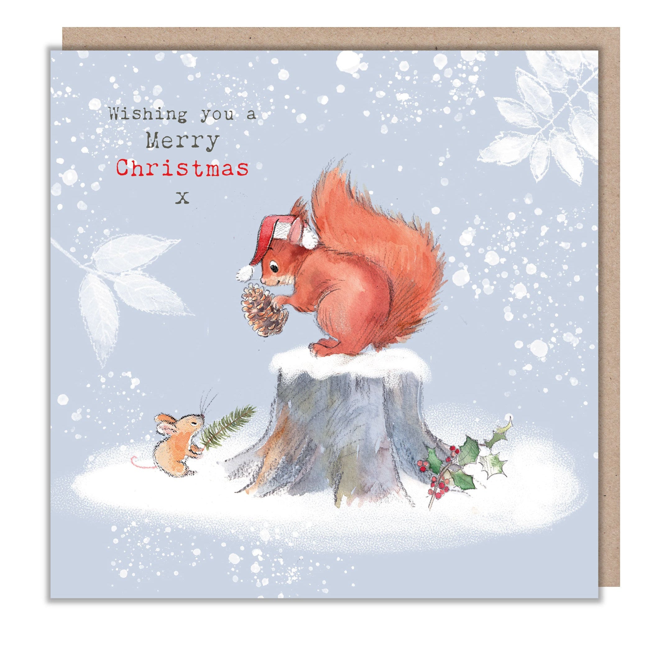 Christmas Card - Wishing You a Merry Christmas - Red Squirrel on Log with Little Mouse.