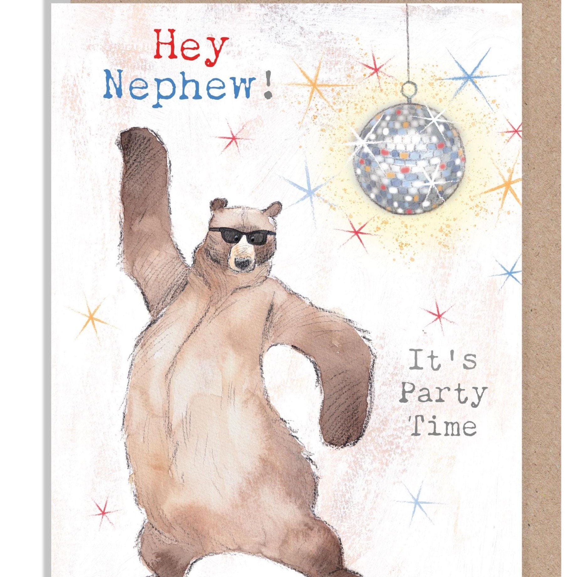 Birthday Card - Hey Nephew - Dancing Bear with Glitter Ball