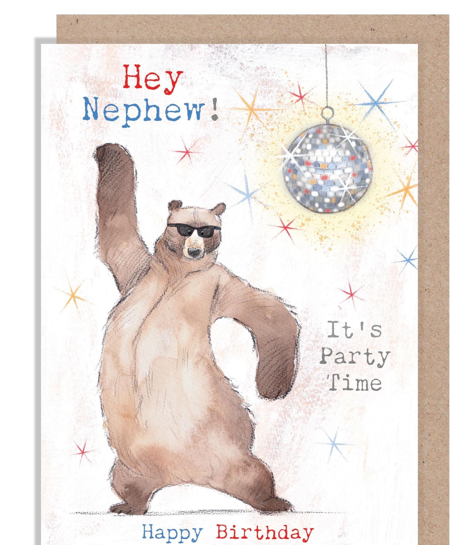 Birthday Card - Hey Nephew - Dancing Bear with Glitter Ball