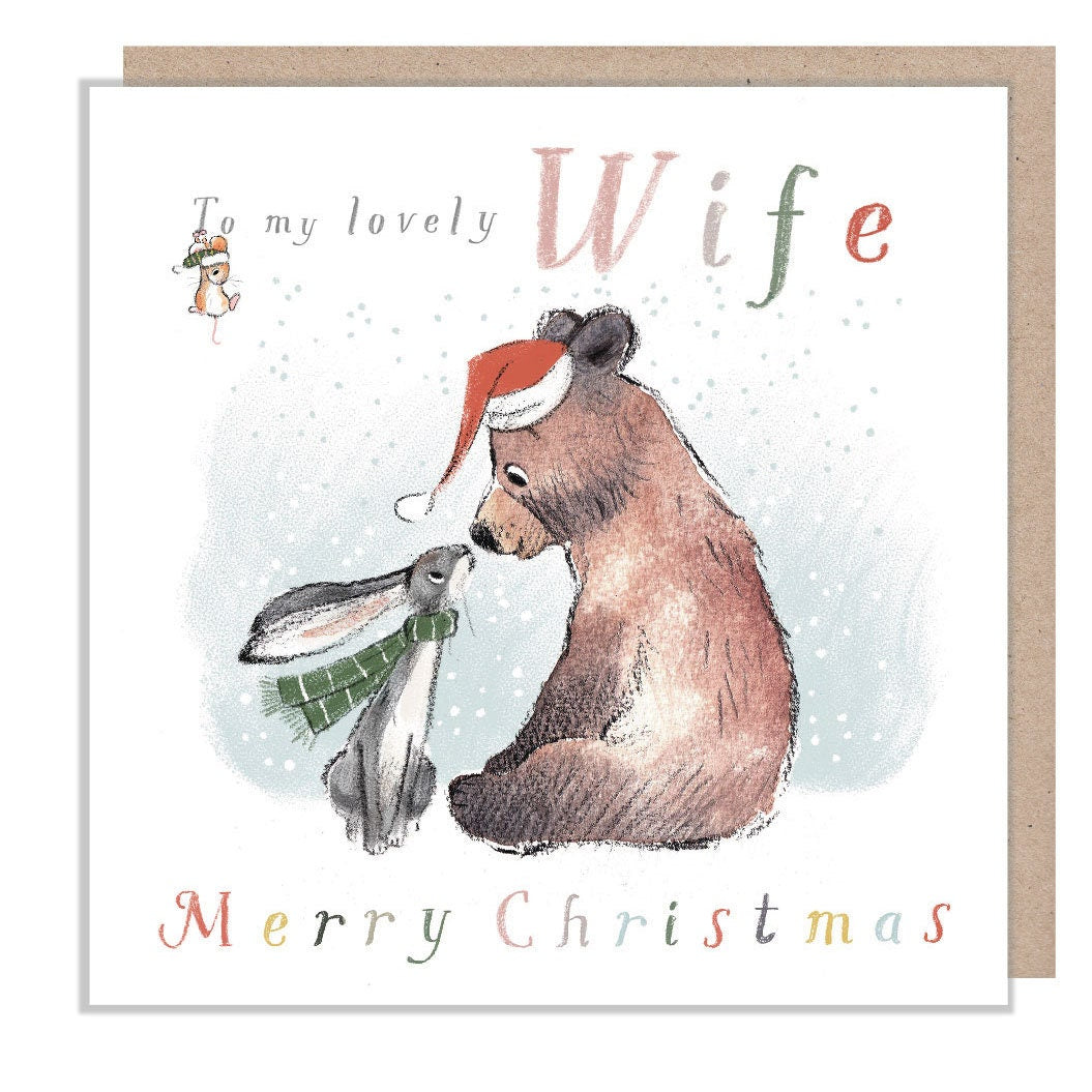 Christmas Card - Bear and Hare Looking at Each Other. to My Lovely Wife