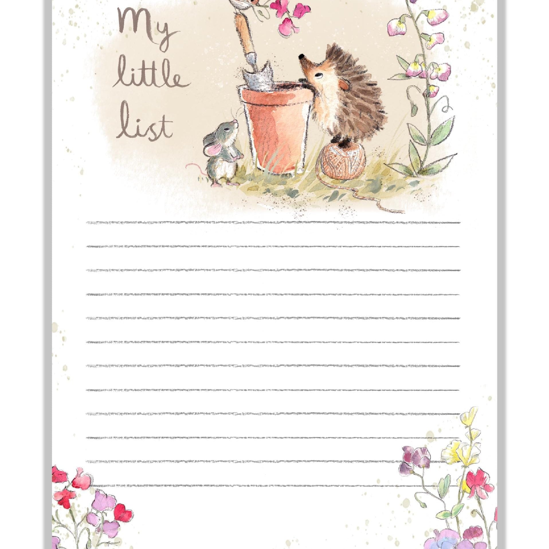 Note Pad - 100 Sheets - My Little List - Hedghog, Mouse and Bird, Flower Pot and Flowers