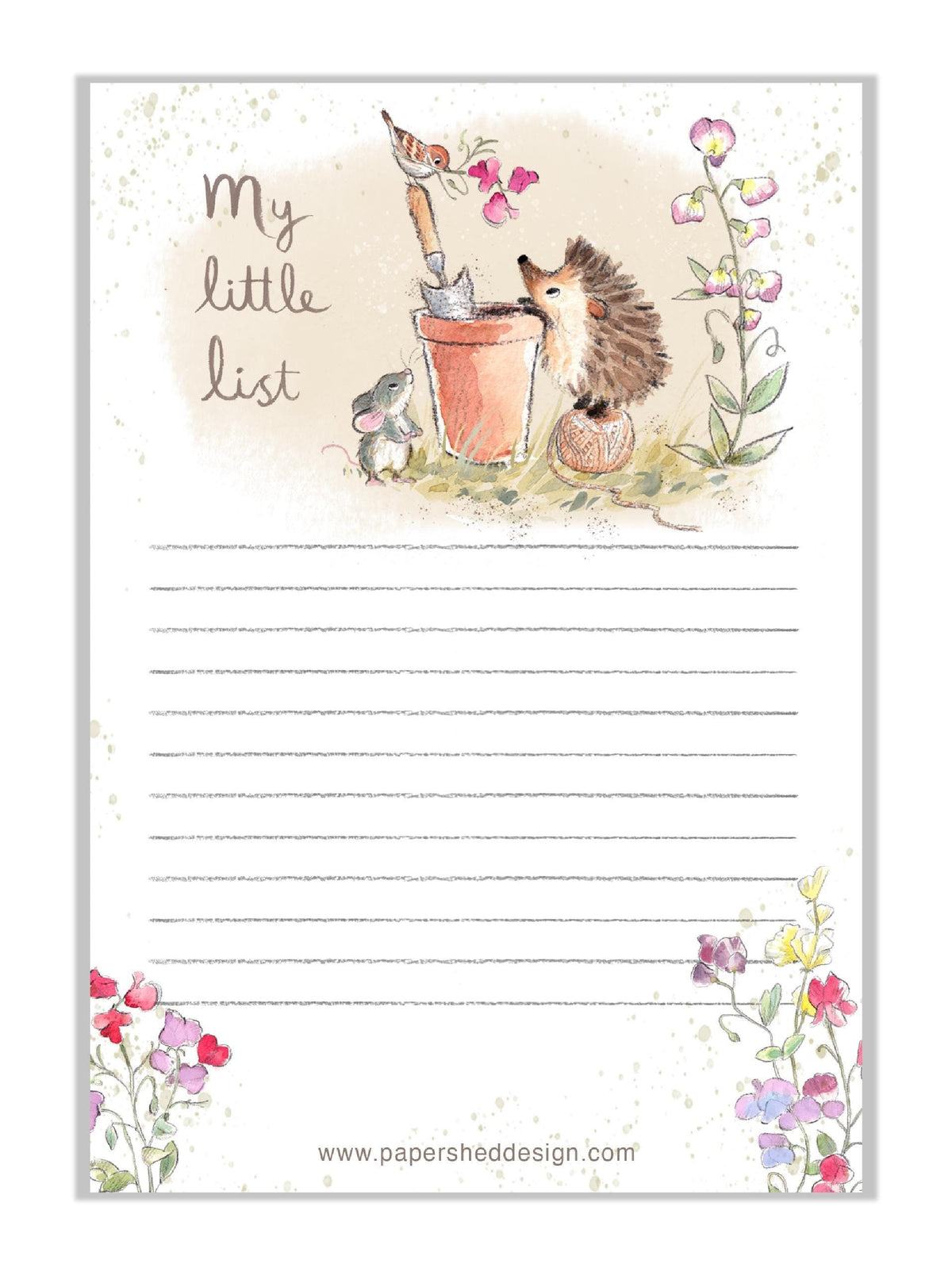 Note Pad - 100 Sheets - My Little List - Hedghog, Mouse and Bird, Flower Pot and Flowers
