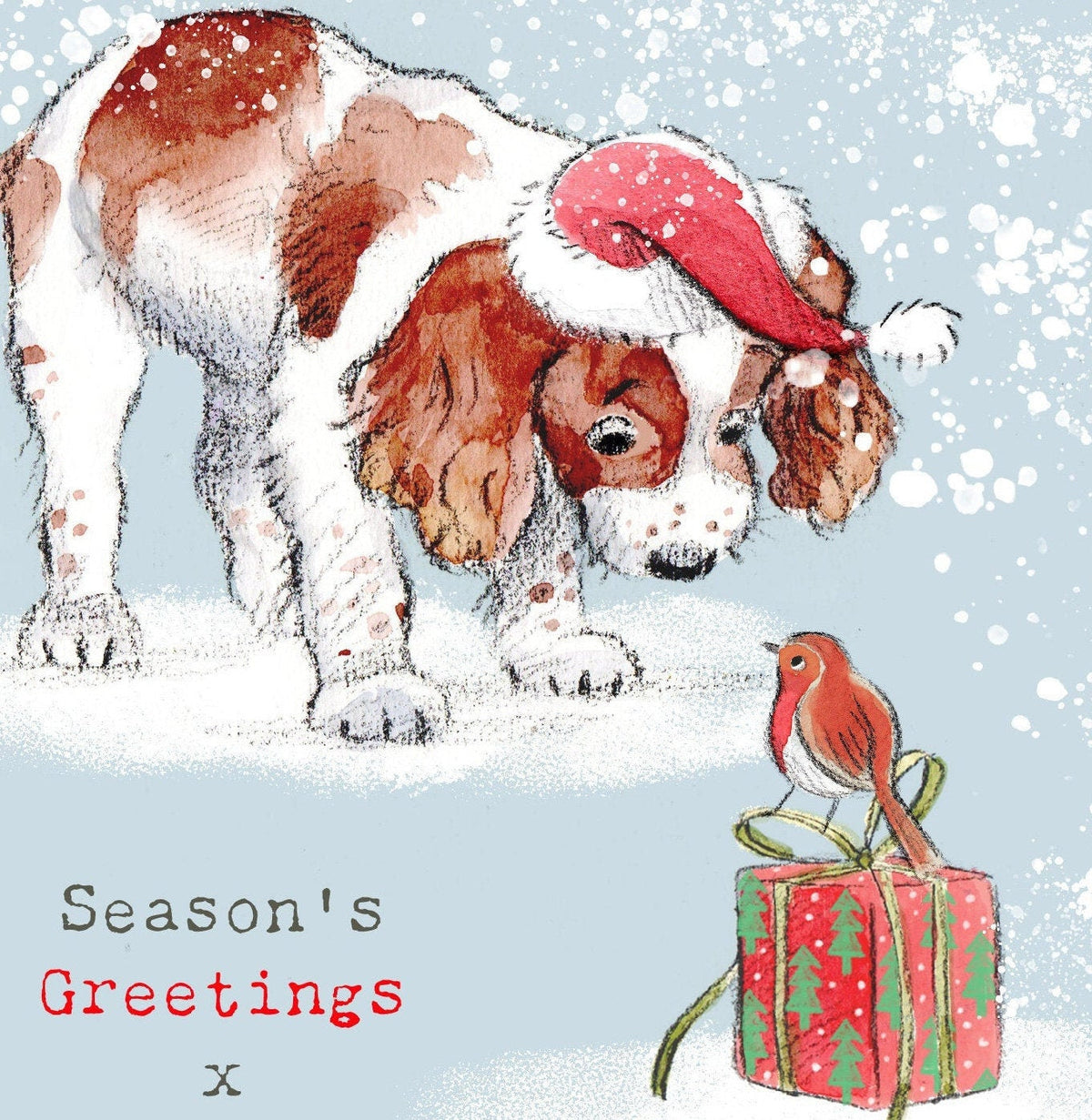 Christmas Card - Season's Greetings - Spring Spaniel Puppy Looking at Robin on Present.