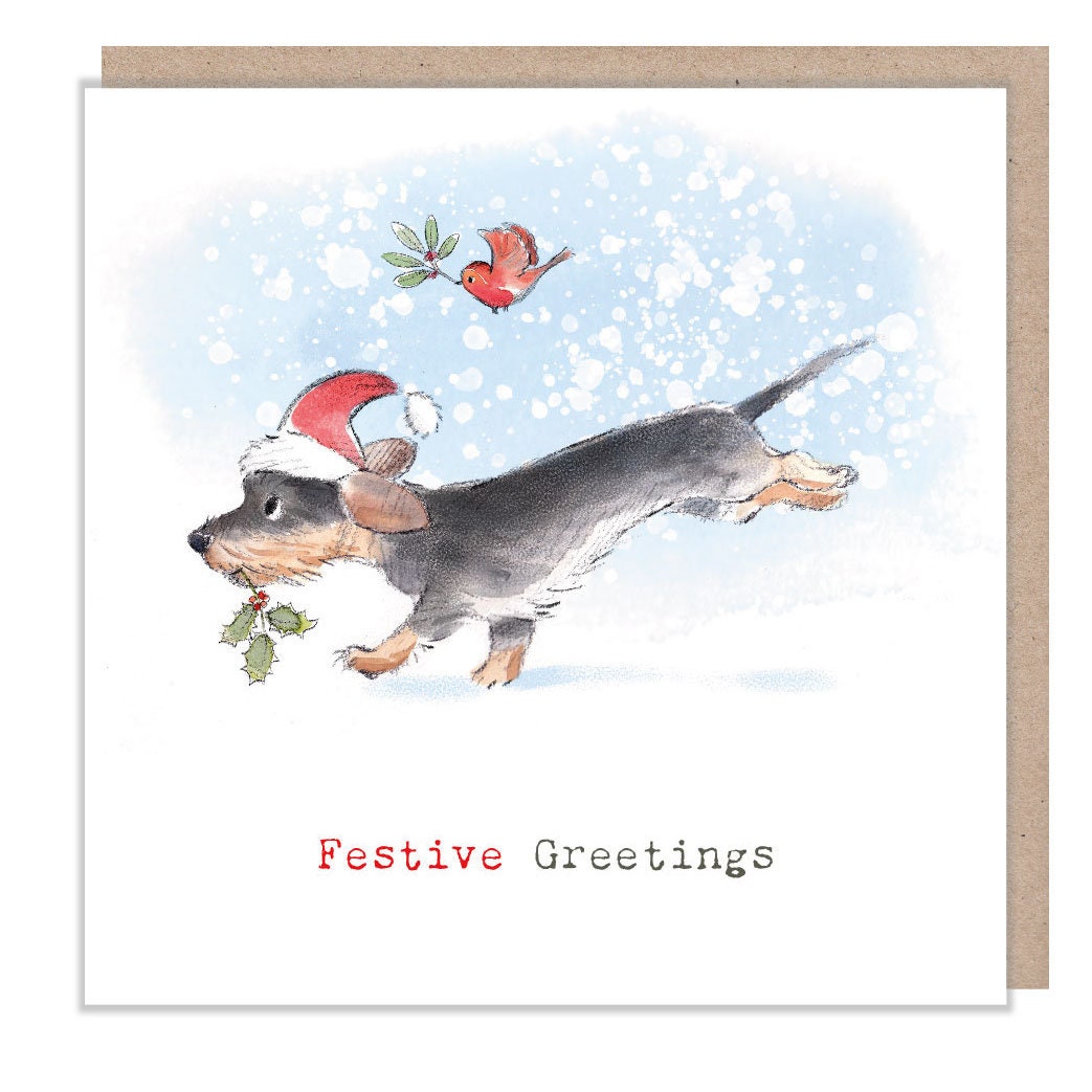 Christmas Card - Running Dachshund Wearing Hat with Robin. Festive Greetings