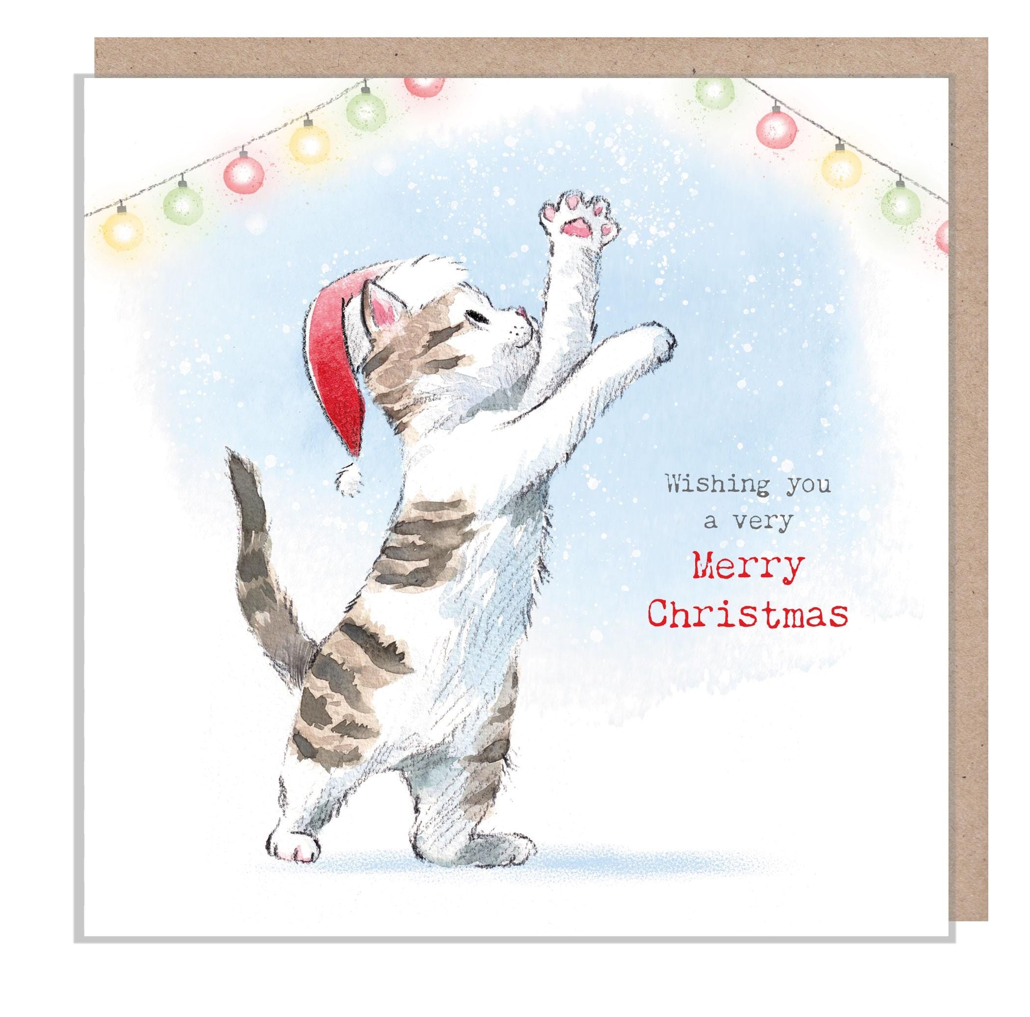 Christmas Card - Kitten Playing with Lights - Wishing You a Very Merry Christmas