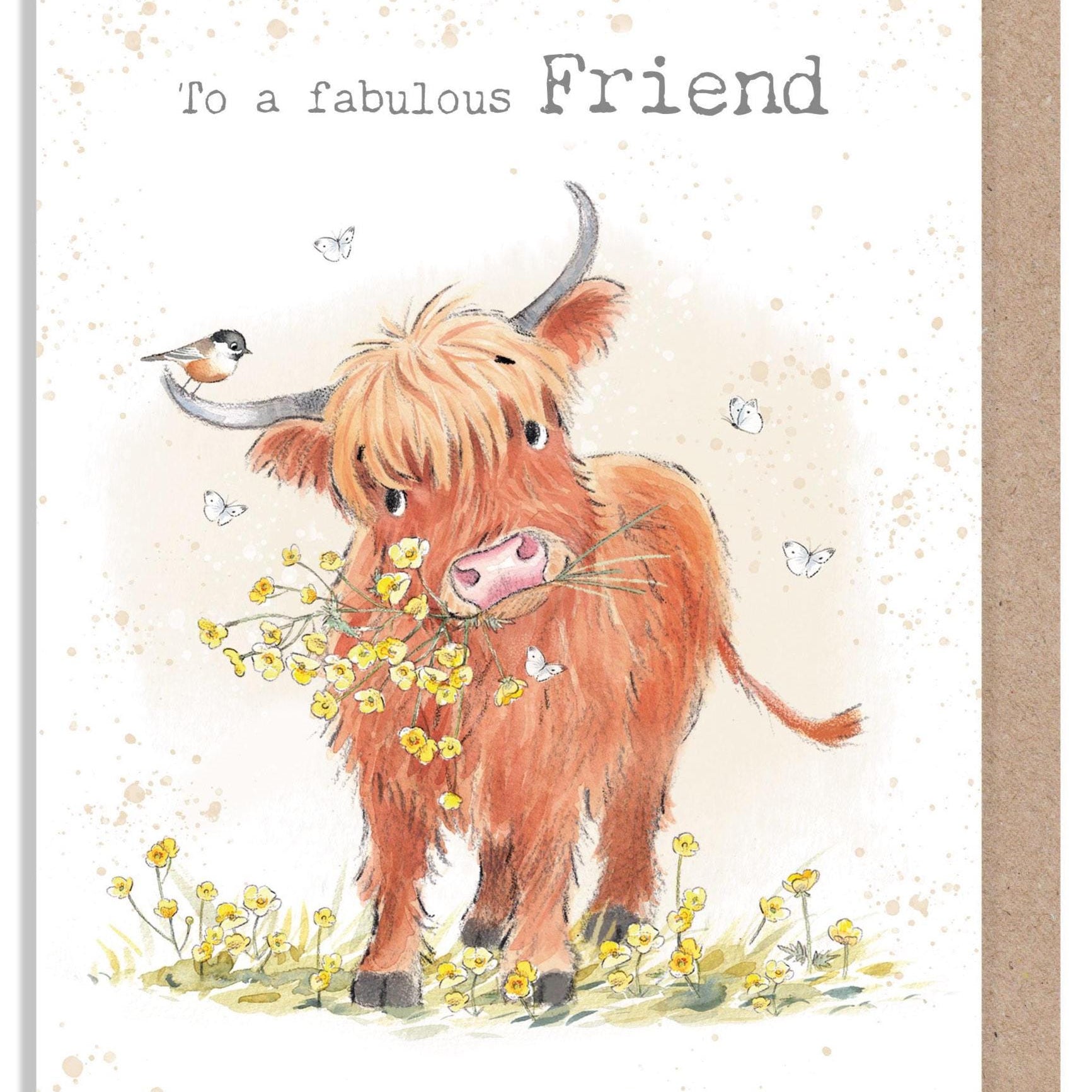 Birthday Card - Fabulous Friend - Highland Cow, Bear and Buttercups