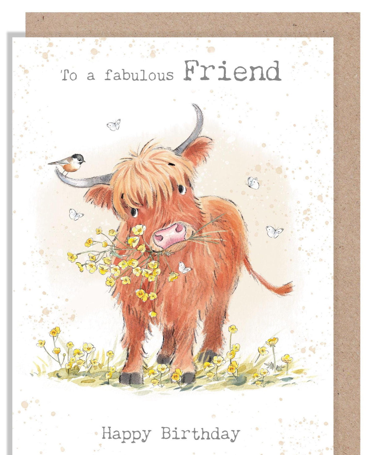 Birthday Card - Fabulous Friend - Highland Cow, Bear and Buttercups