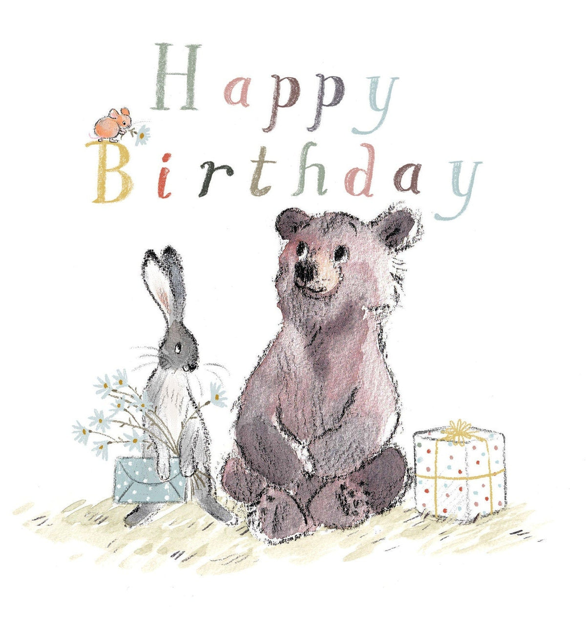 Cute Birthday Card - Happy Birthday - Sitting Bear and Hare with Present and Flowers