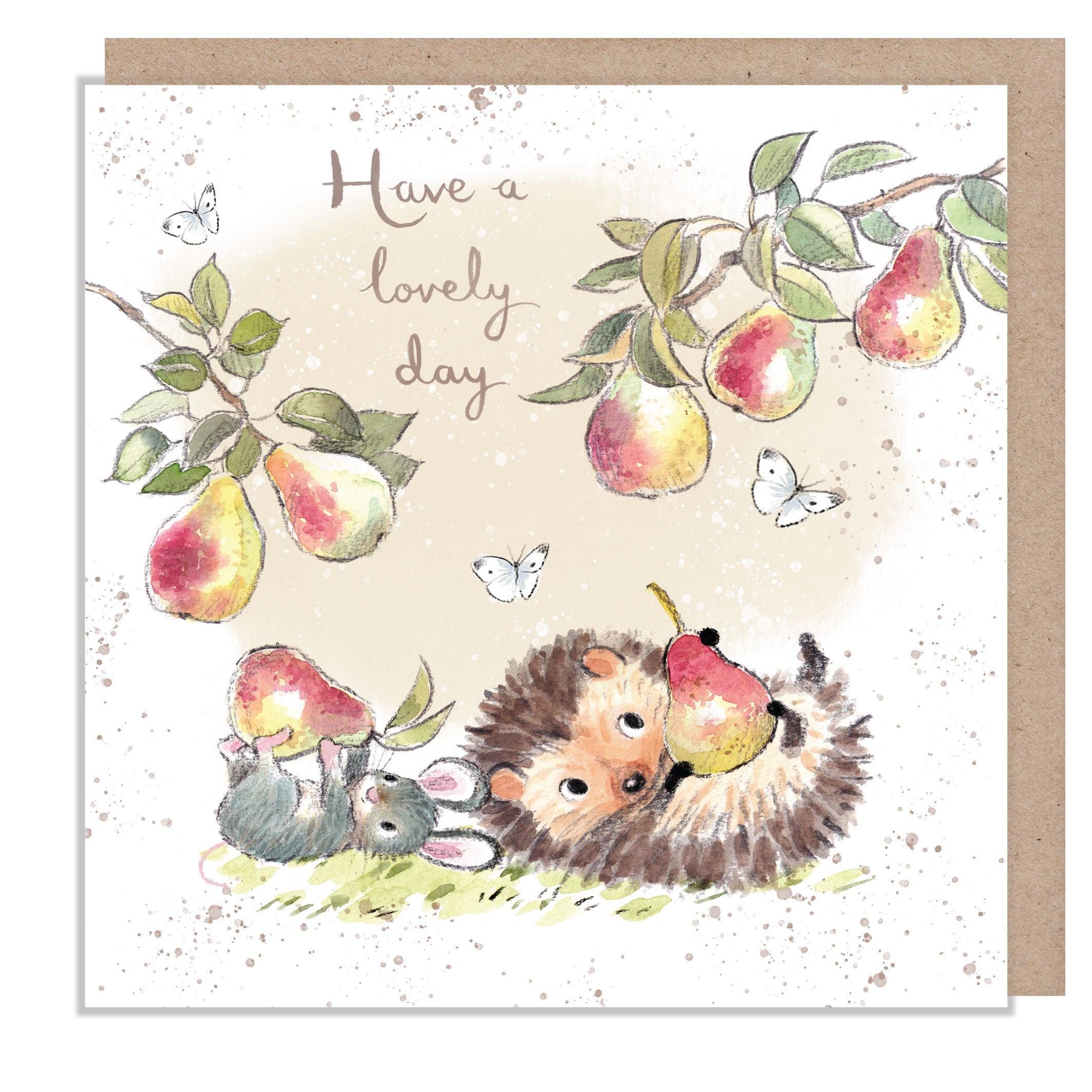 Greeting Card - Have a Lovely Day - Hedgehog and Mouse with Pears