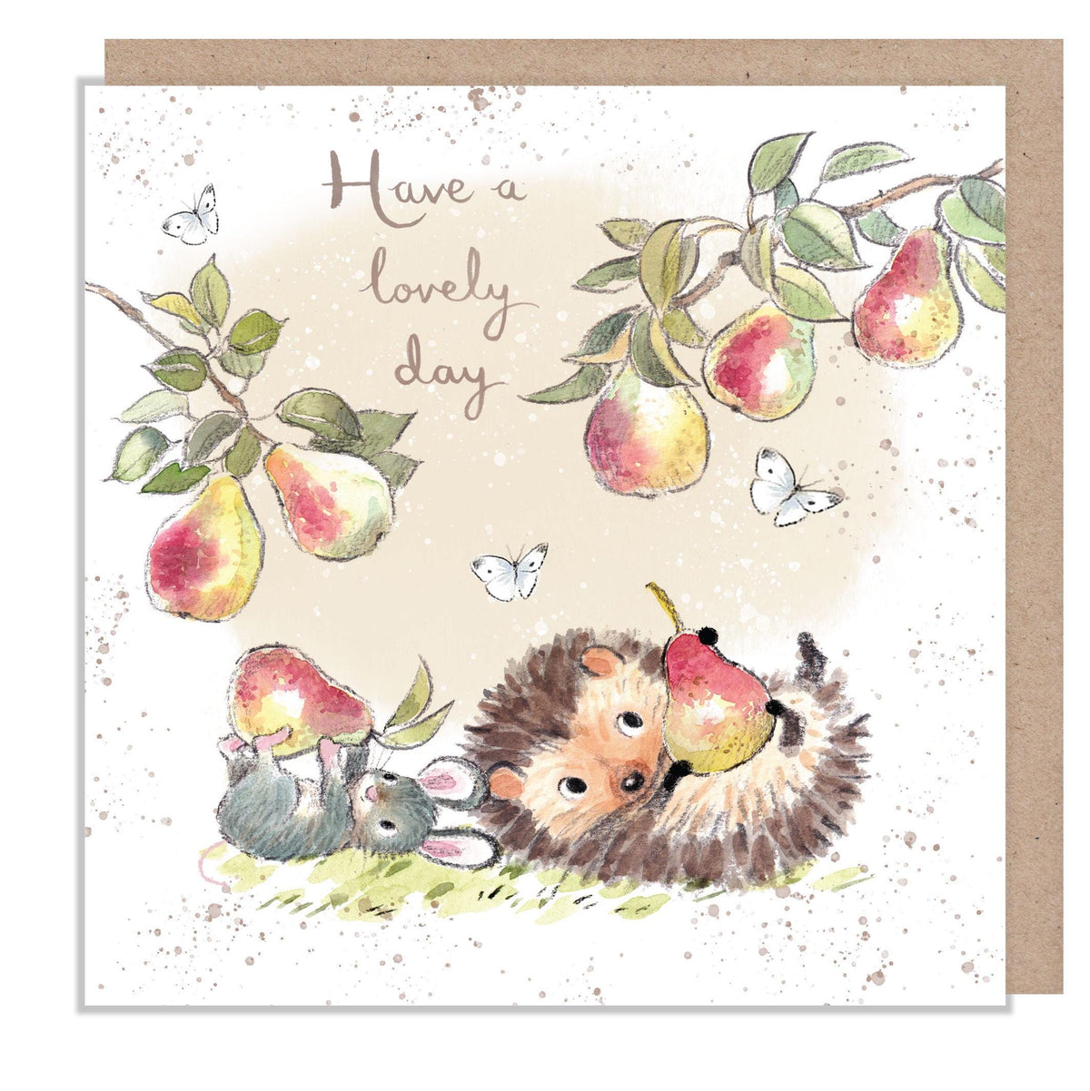 Greeting Card - Have a Lovely Day - Hedgehog and Mouse with Pears