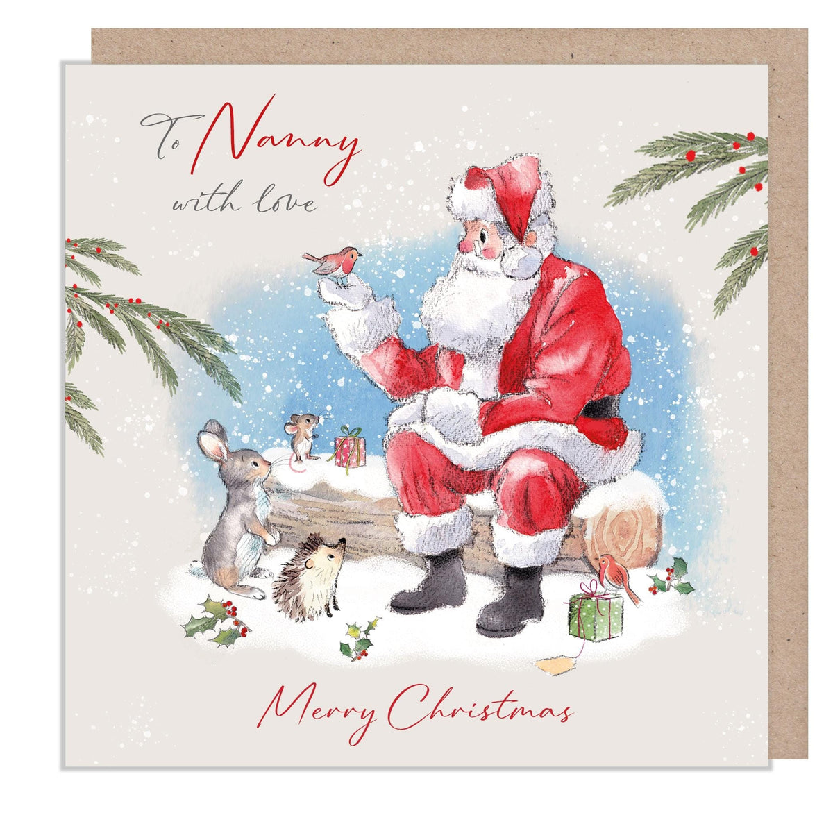 To Nanny Christmas Card - Santa on Log with Animals