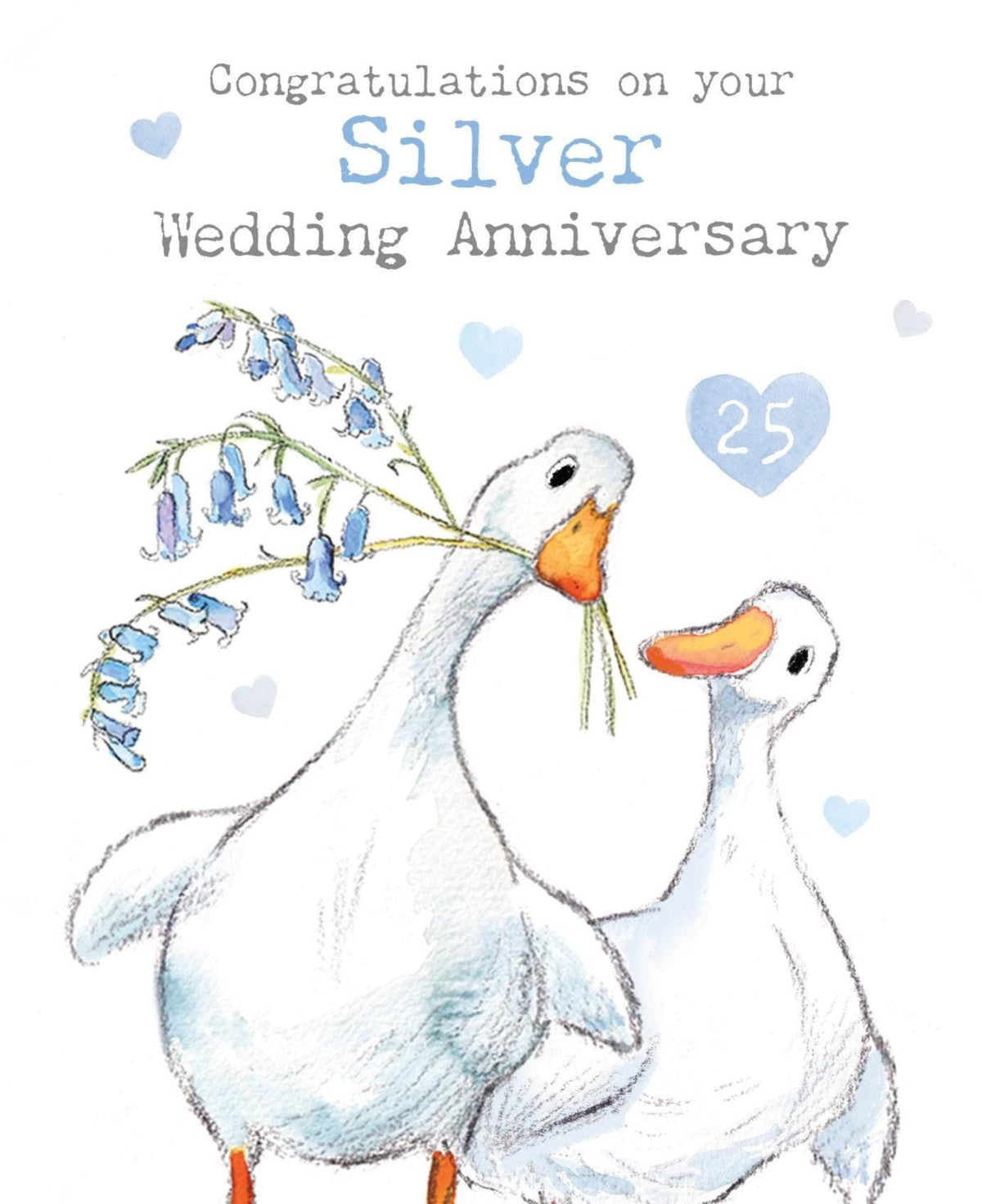 Greeting Card - Silver Wedding Anniversary - Two White Ducks with Bluebells and Hearts