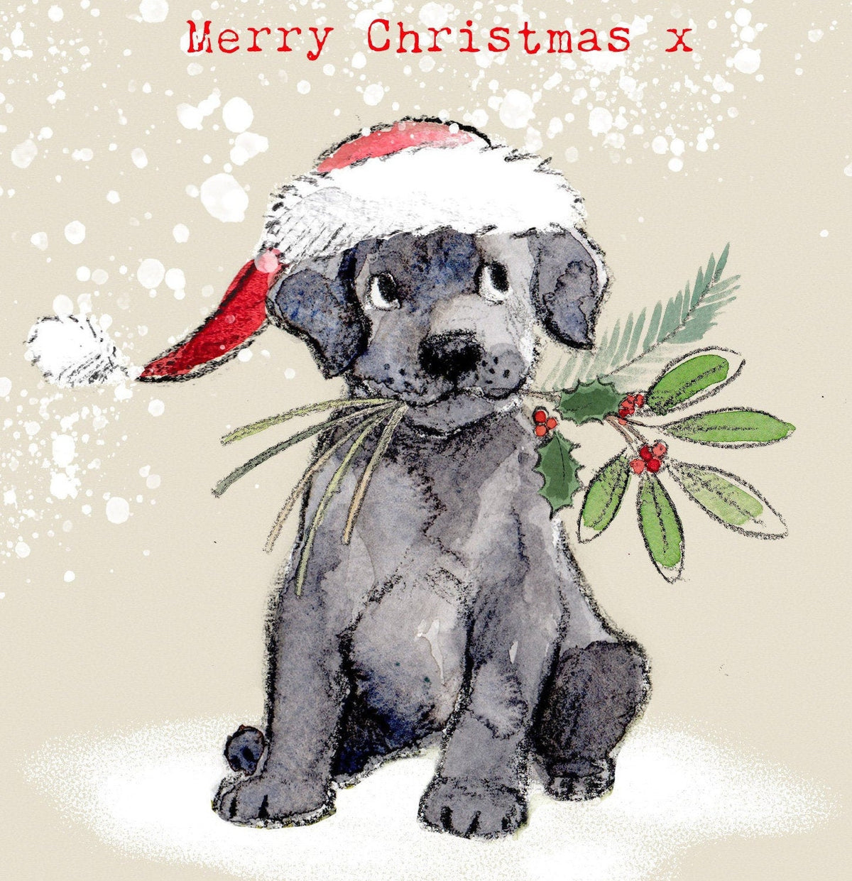 Christmas Card - Merry Christmas - Black Labrador Puppy with Winter Foliage in It's Mouth.