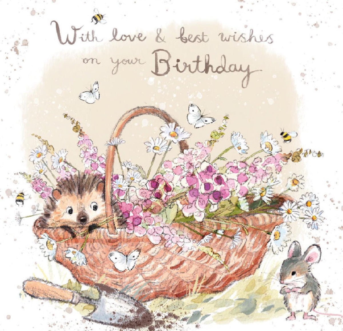 Birthday Card - Hedgehog, Mouse, Wicker Basket with Flowers