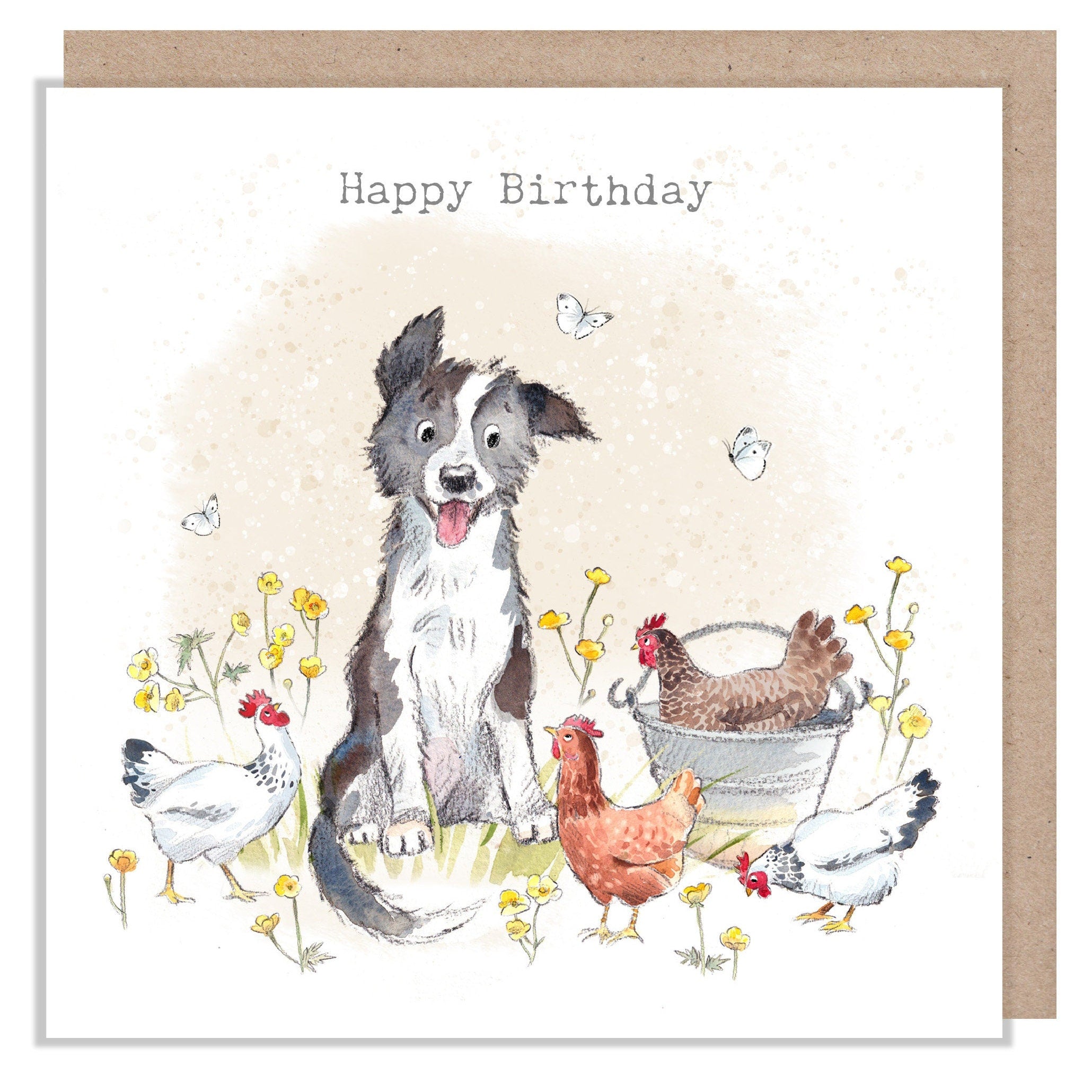 Birthday Card - Happy Birthday - Black & White Puppy with Hens