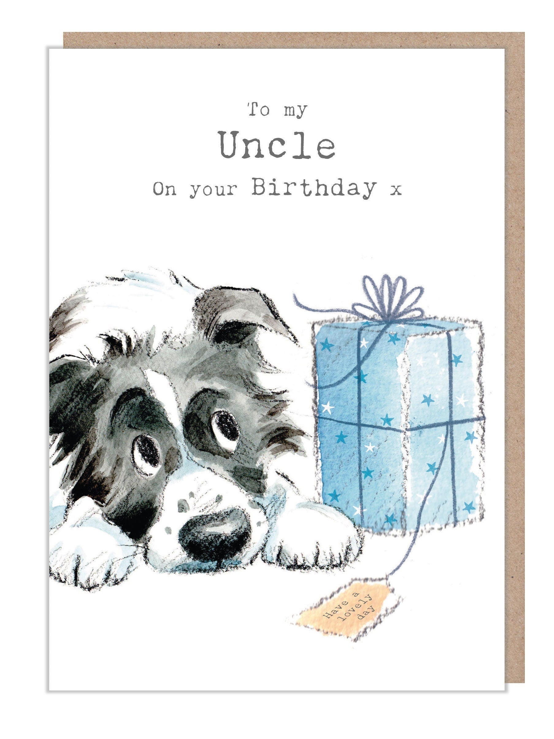 Uncle Birthday Card - Border Collie with Parcel