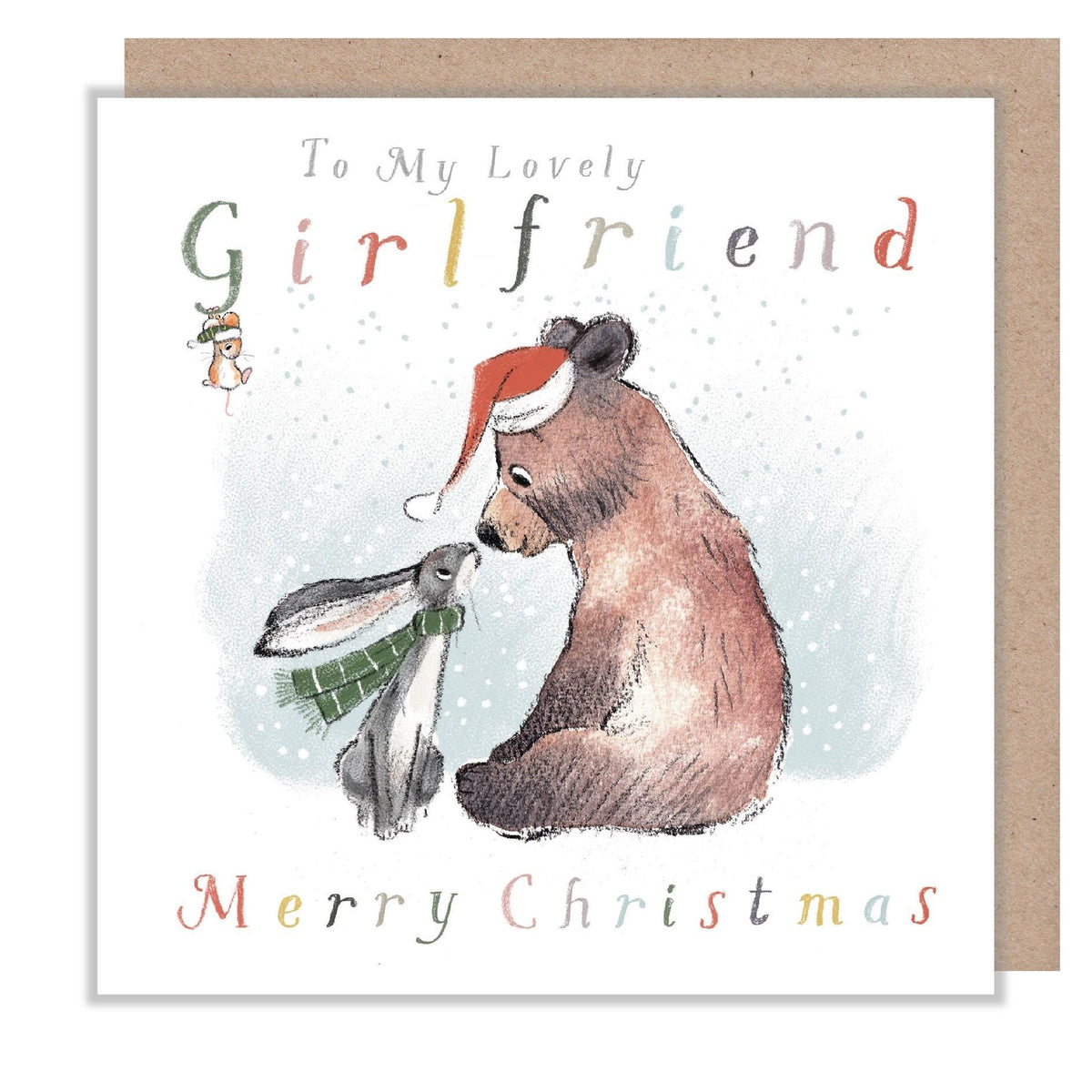 To My Lovely Girlfriend Christmas Card - Bear and Hare