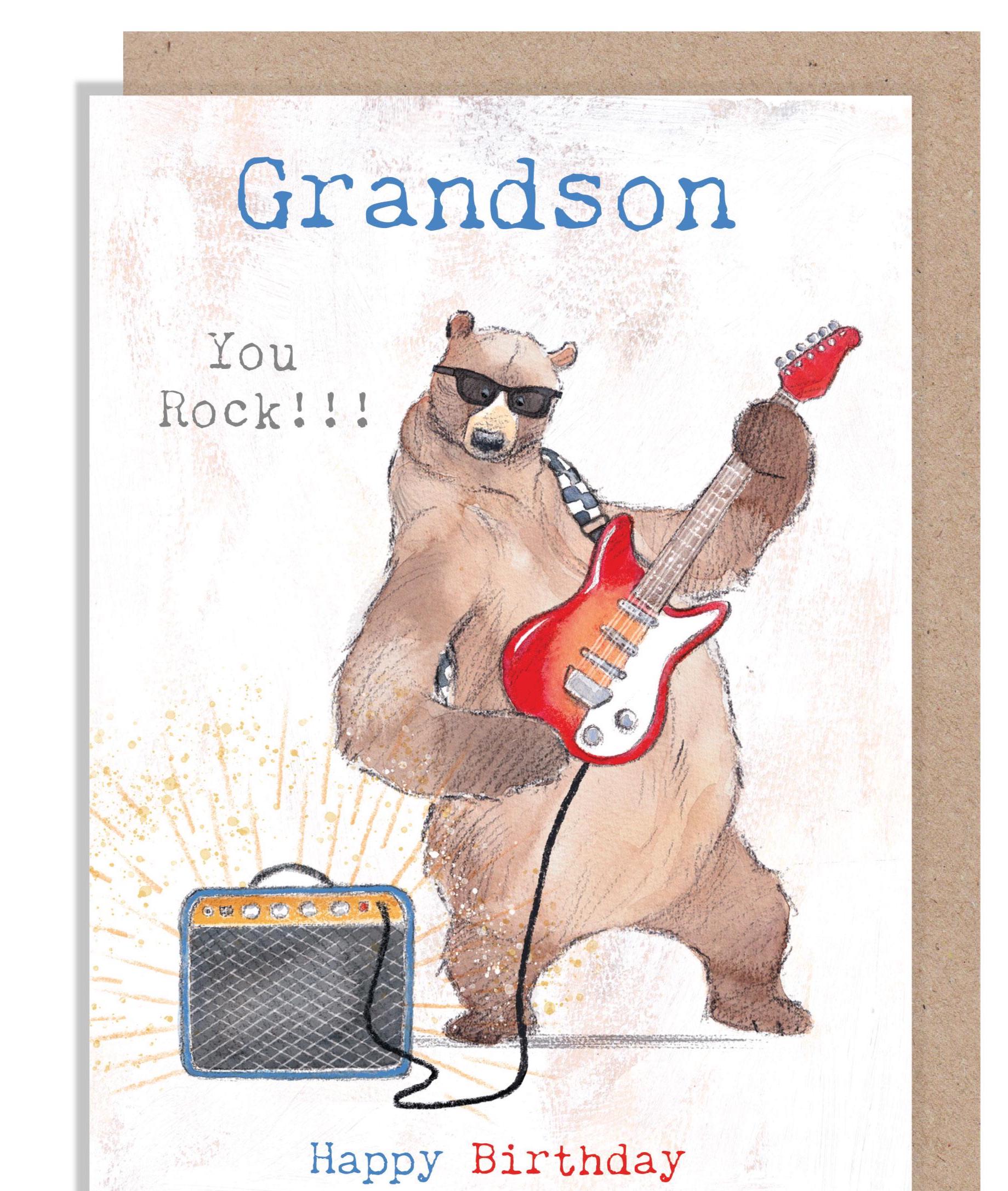 Birthday Card - Grandson - Bear with Guitar and Amplifier
