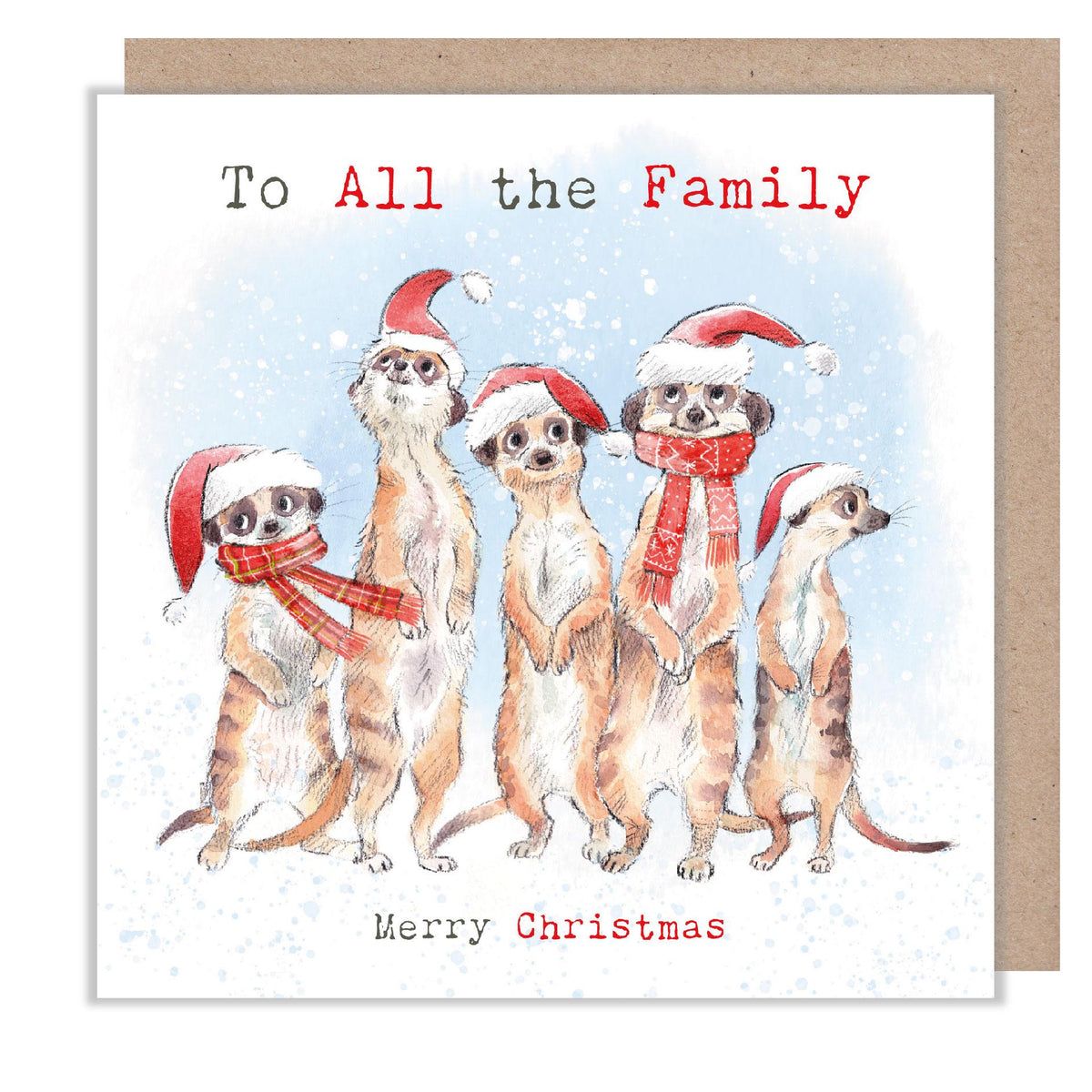 To All the Family Christmas Card - Meerkats Wearing Christmas Hats.