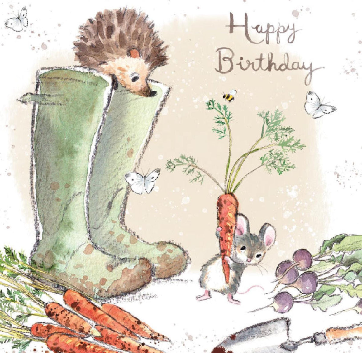Happy Birthday Card - Hedgehog and Mouse, Wellie Boots and Vegetables