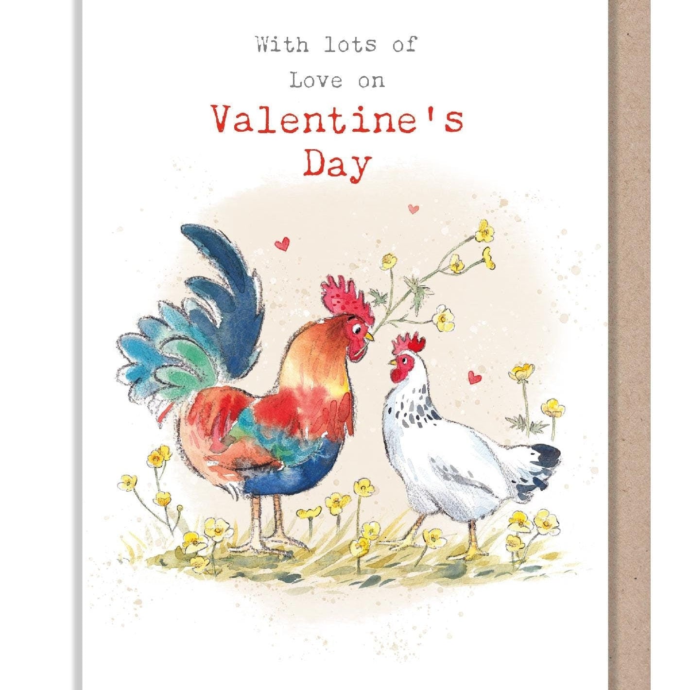 Valentine's Day Card - with Lots Of Love - Cockerel and Hen with Flowers