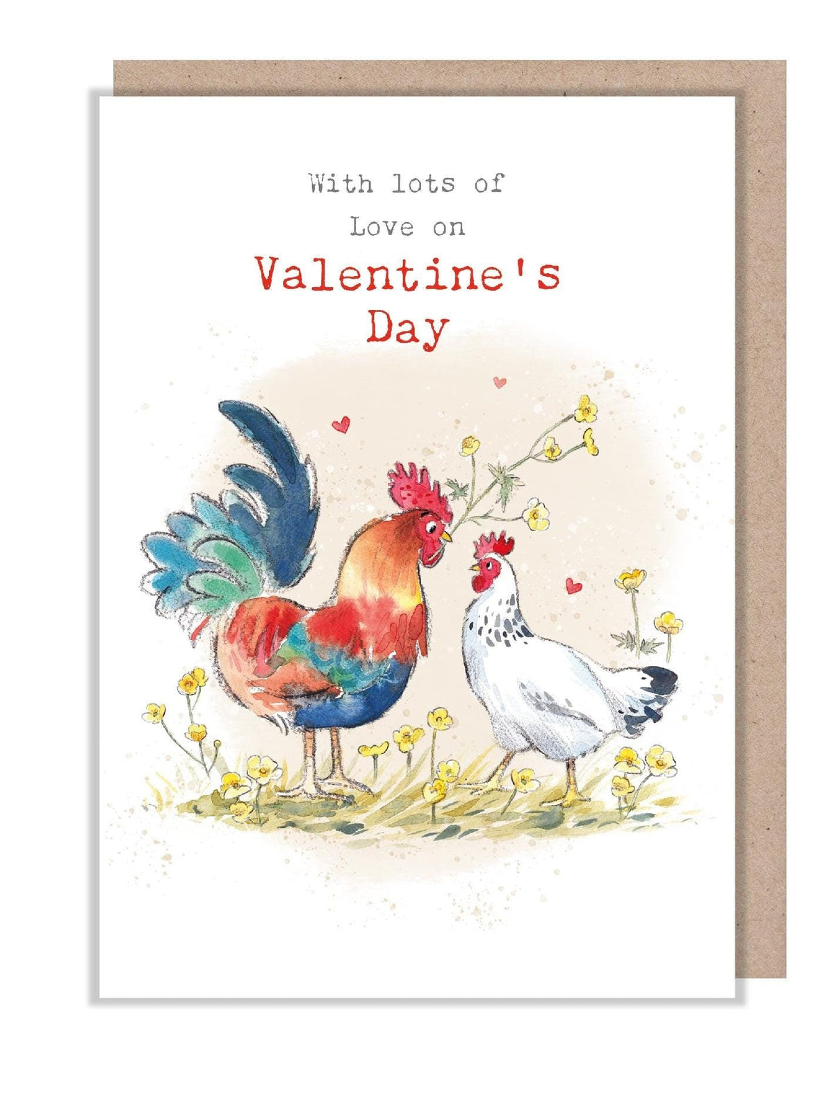 Valentine's Day Card - with Lots Of Love - Cockerel and Hen with Flowers