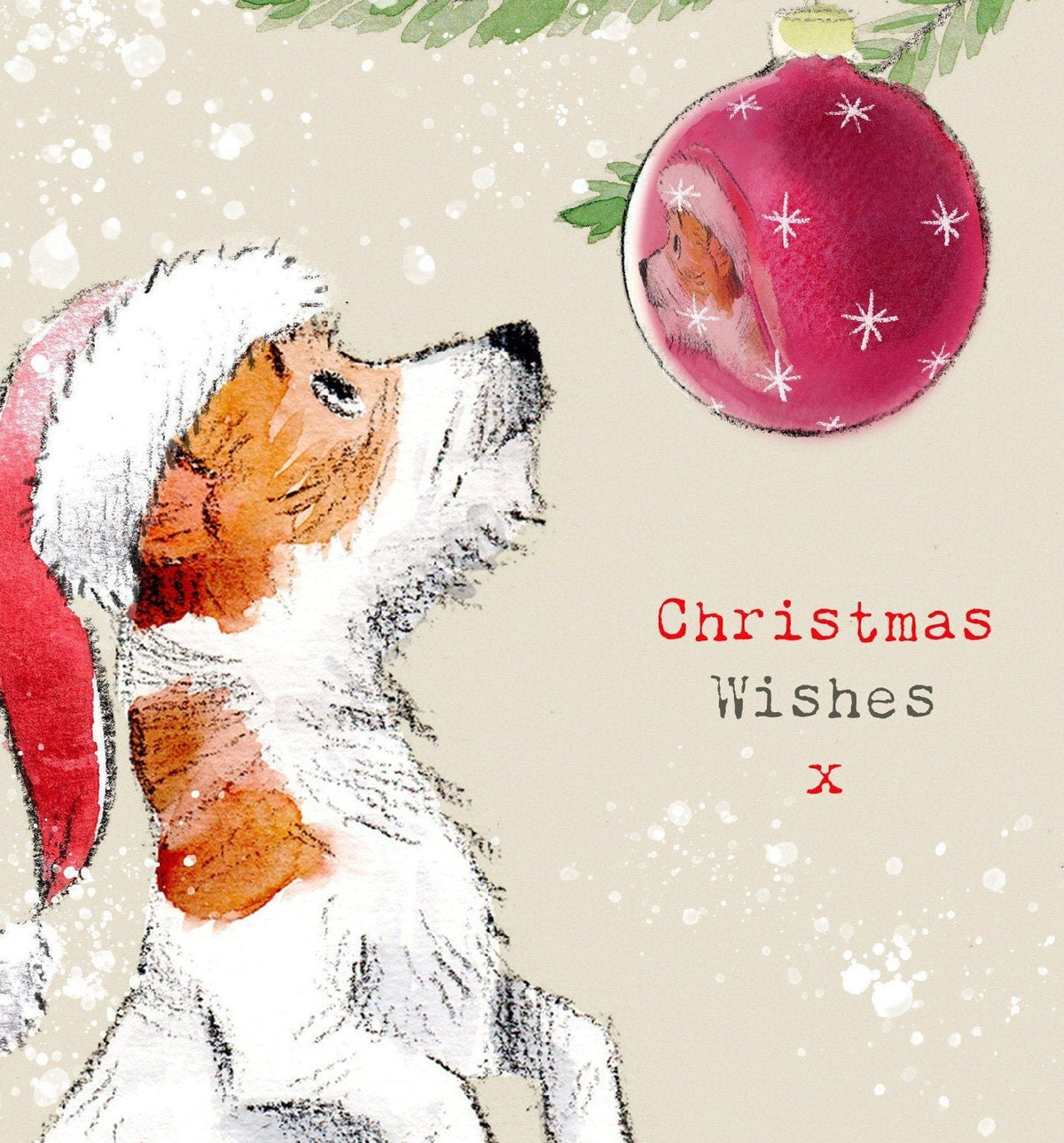 Christmas Card - Christmas Wishes - Jack Russell Puppy Looking at Reflection in Bauble.