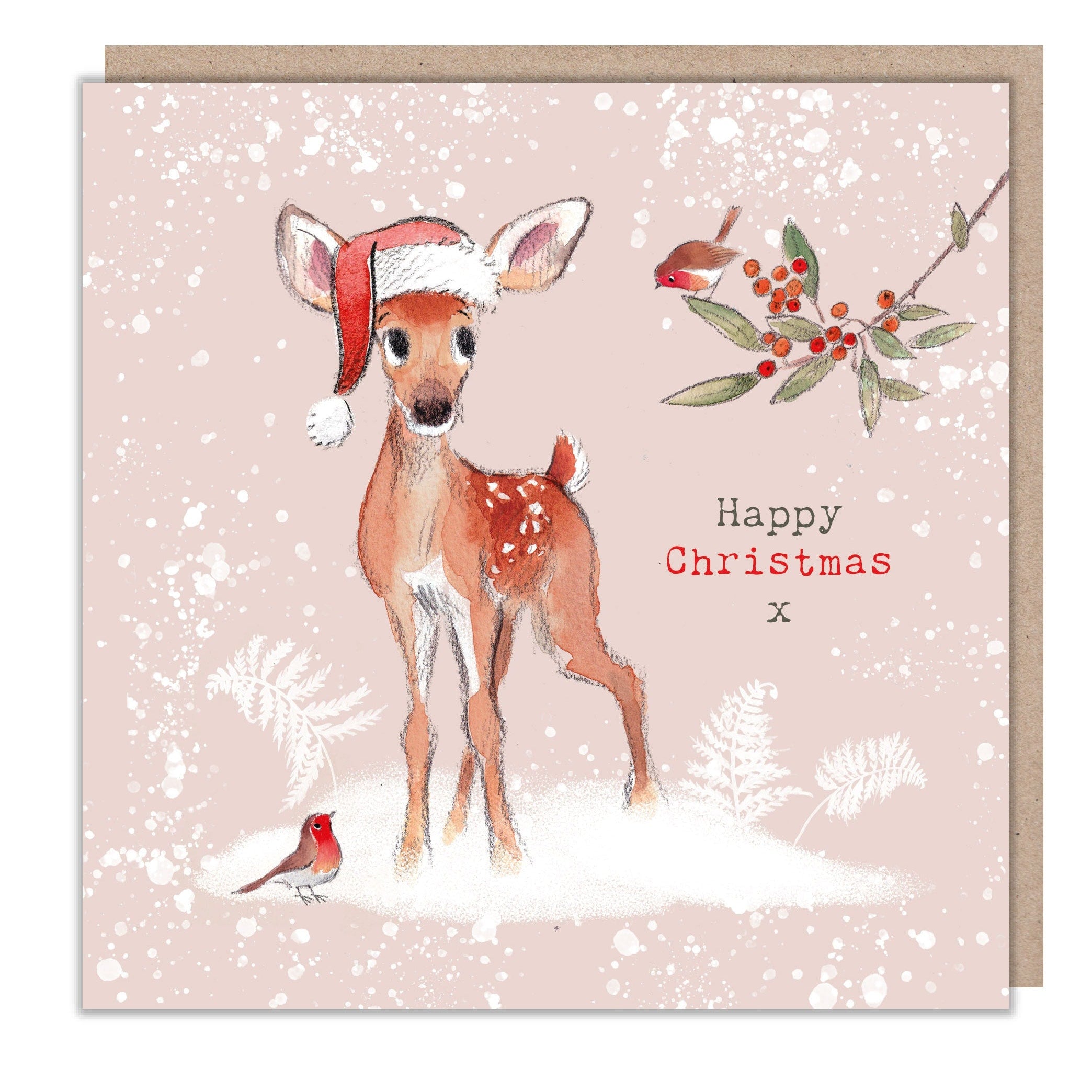 Christmas Card - Happy Christmas - Deer with 2 Robins.