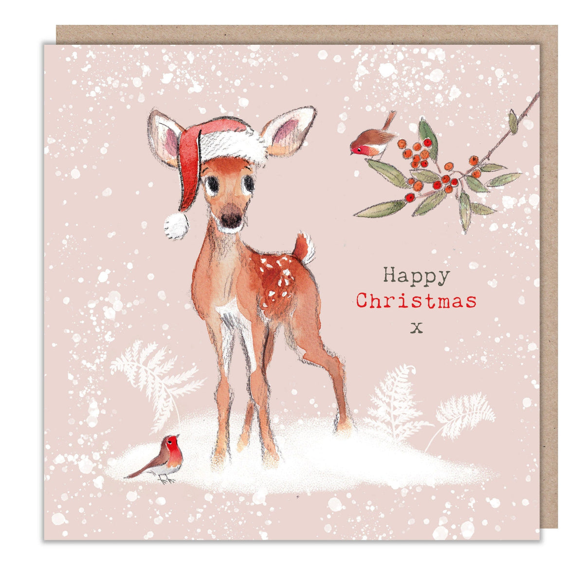 Christmas Card - Happy Christmas - Deer with 2 Robins.