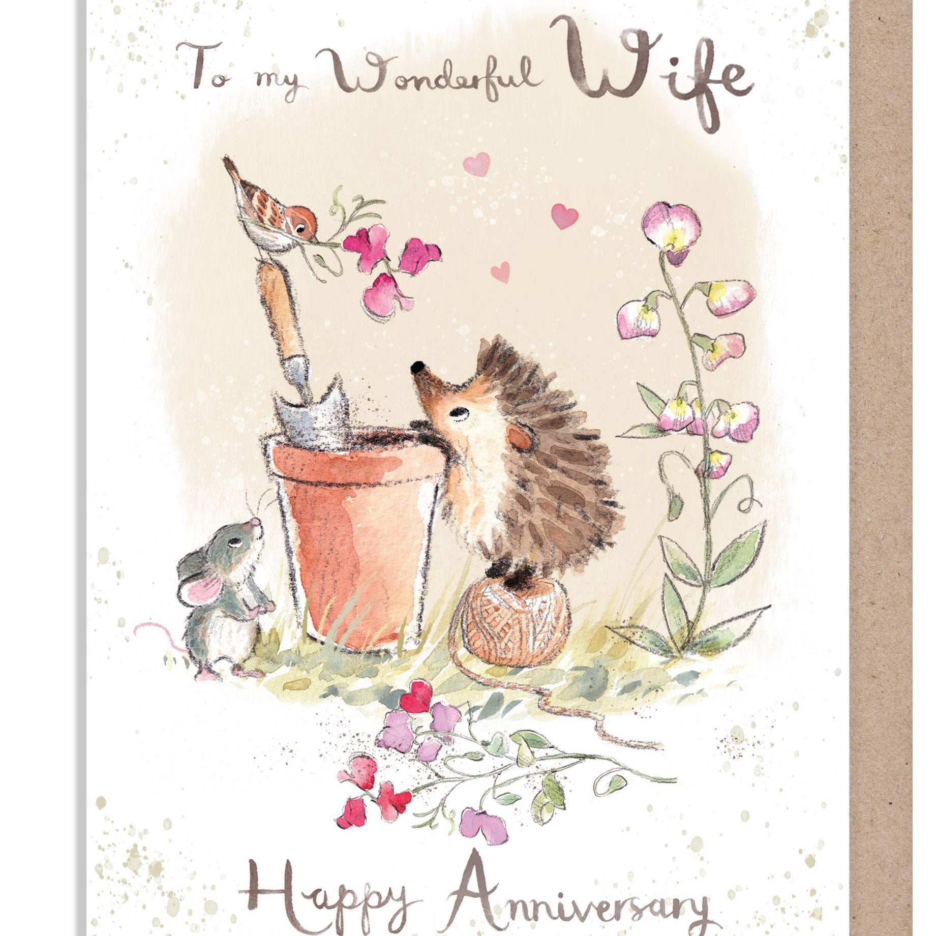 Greeting Card - Wonderful Wife - Hedgehog, Mouse and Bird with Sweetpeas and Flowerpot