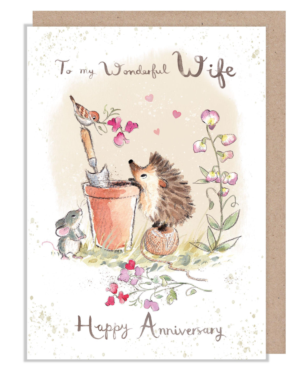 Greeting Card - Wonderful Wife - Hedgehog, Mouse and Bird with Sweetpeas and Flowerpot