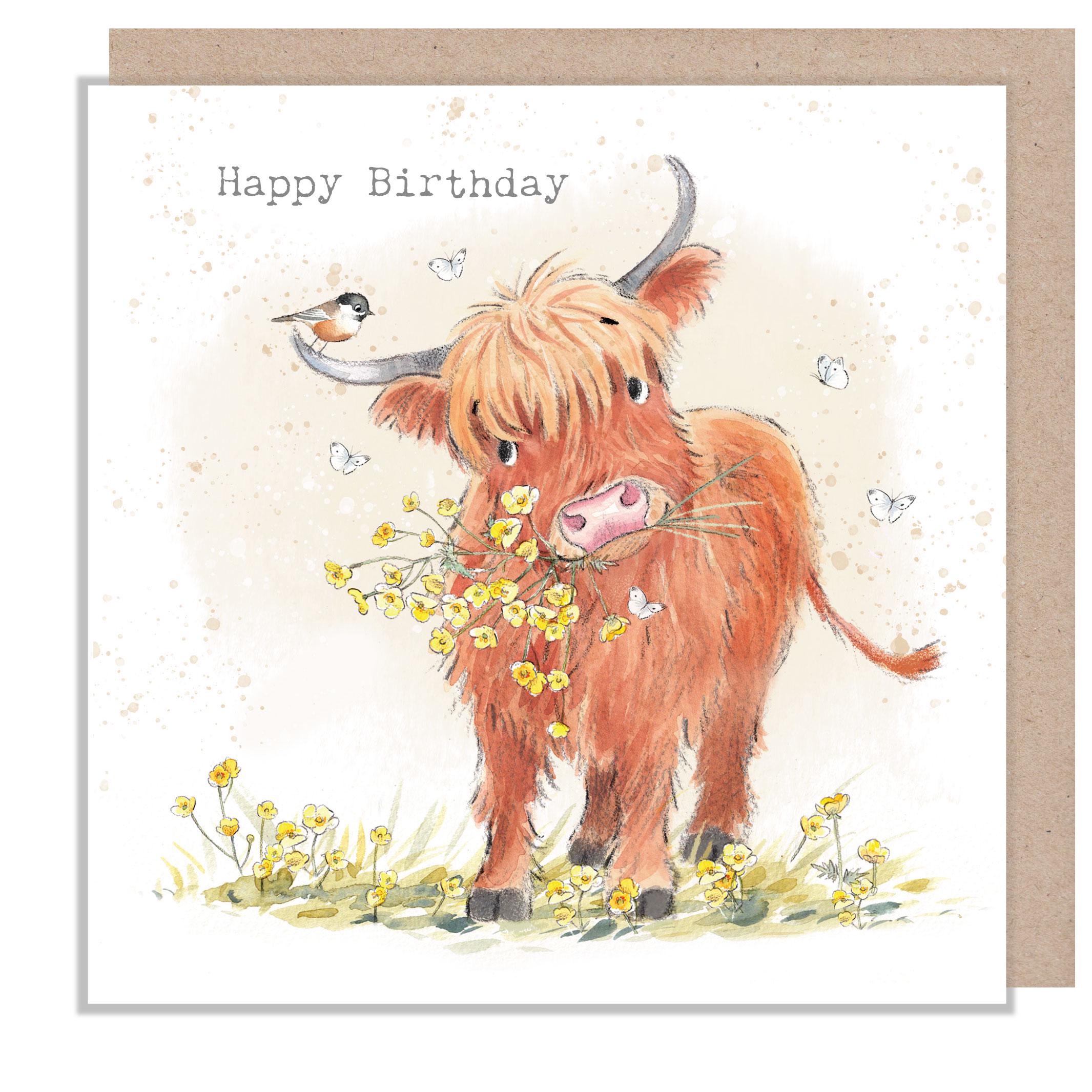 Birthday Card - Happy Birthday - Highland Cow with Bird and Buttercups