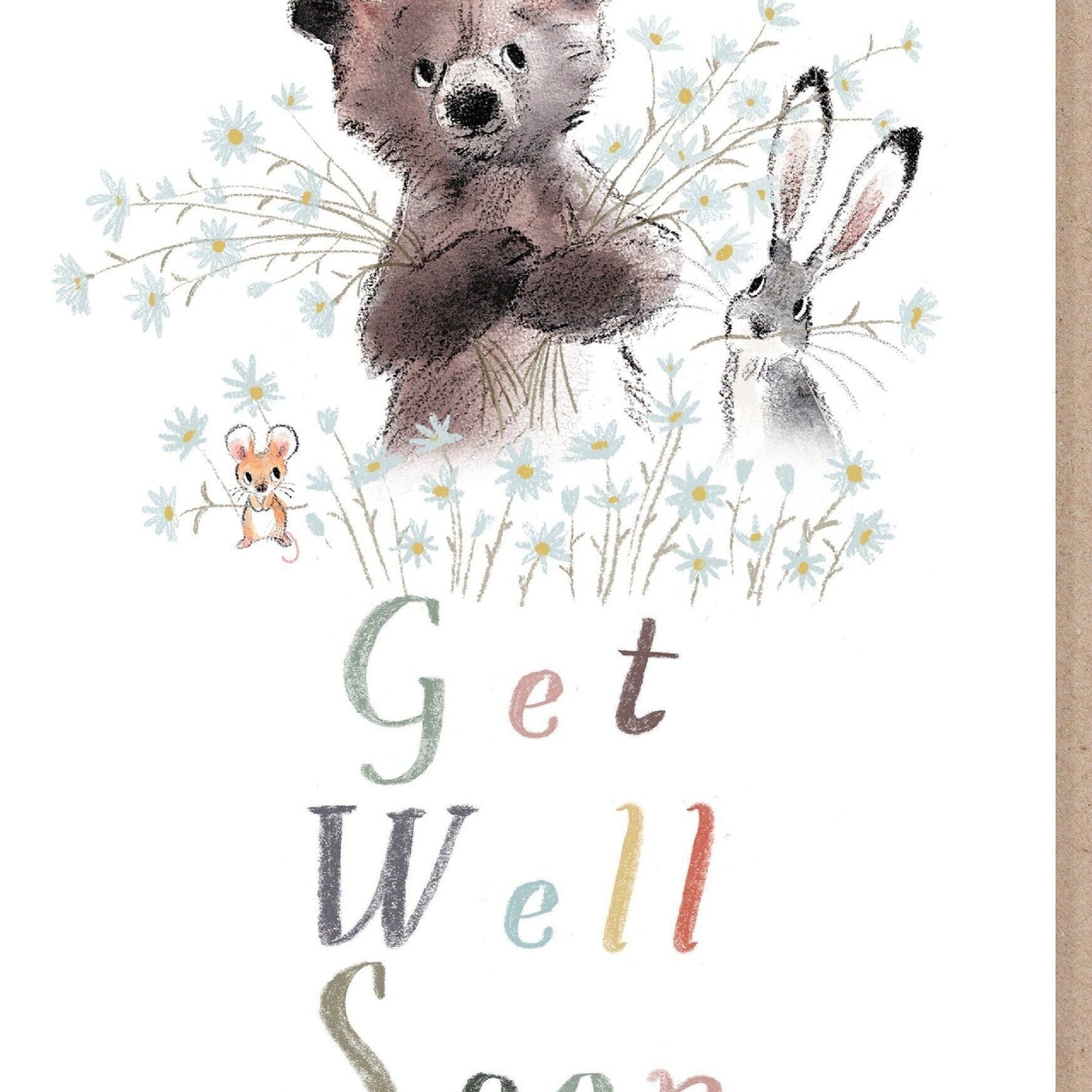 Get Well Soon Card - Bear, Hare, Mouse and Flowers