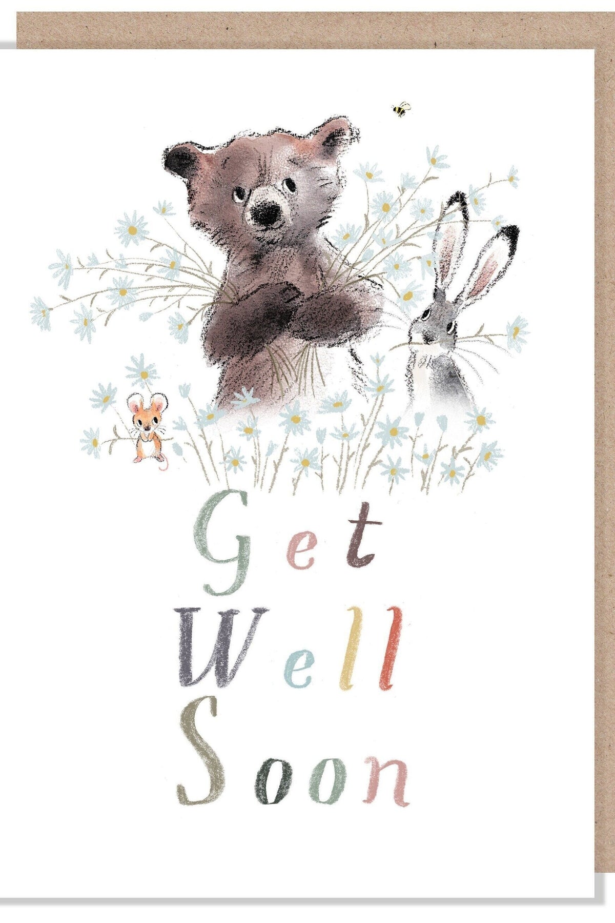 Get Well Soon Card - Bear, Hare, Mouse and Flowers