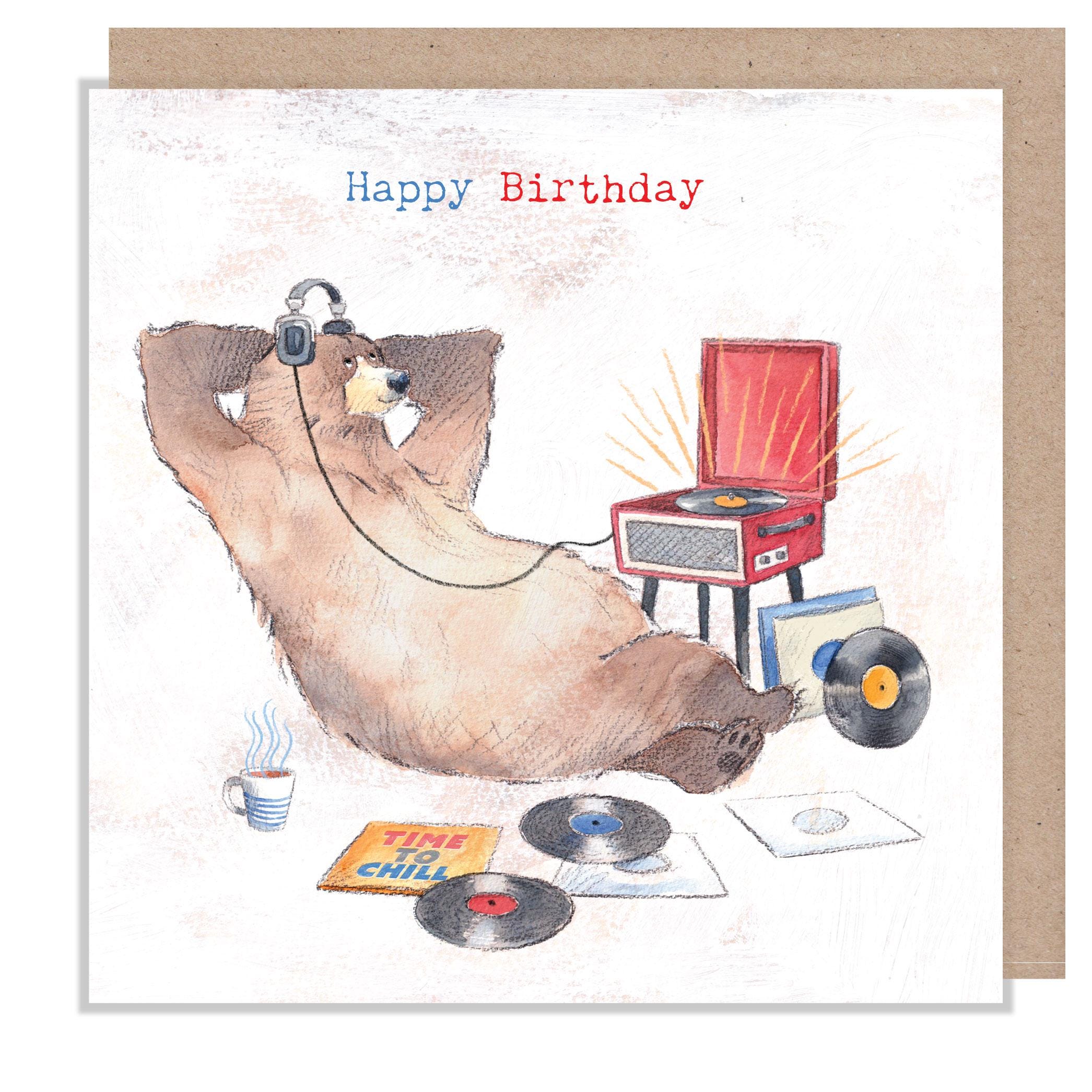 Birthday Card - Happy Birthday - Bear Listening to Vinyl Records