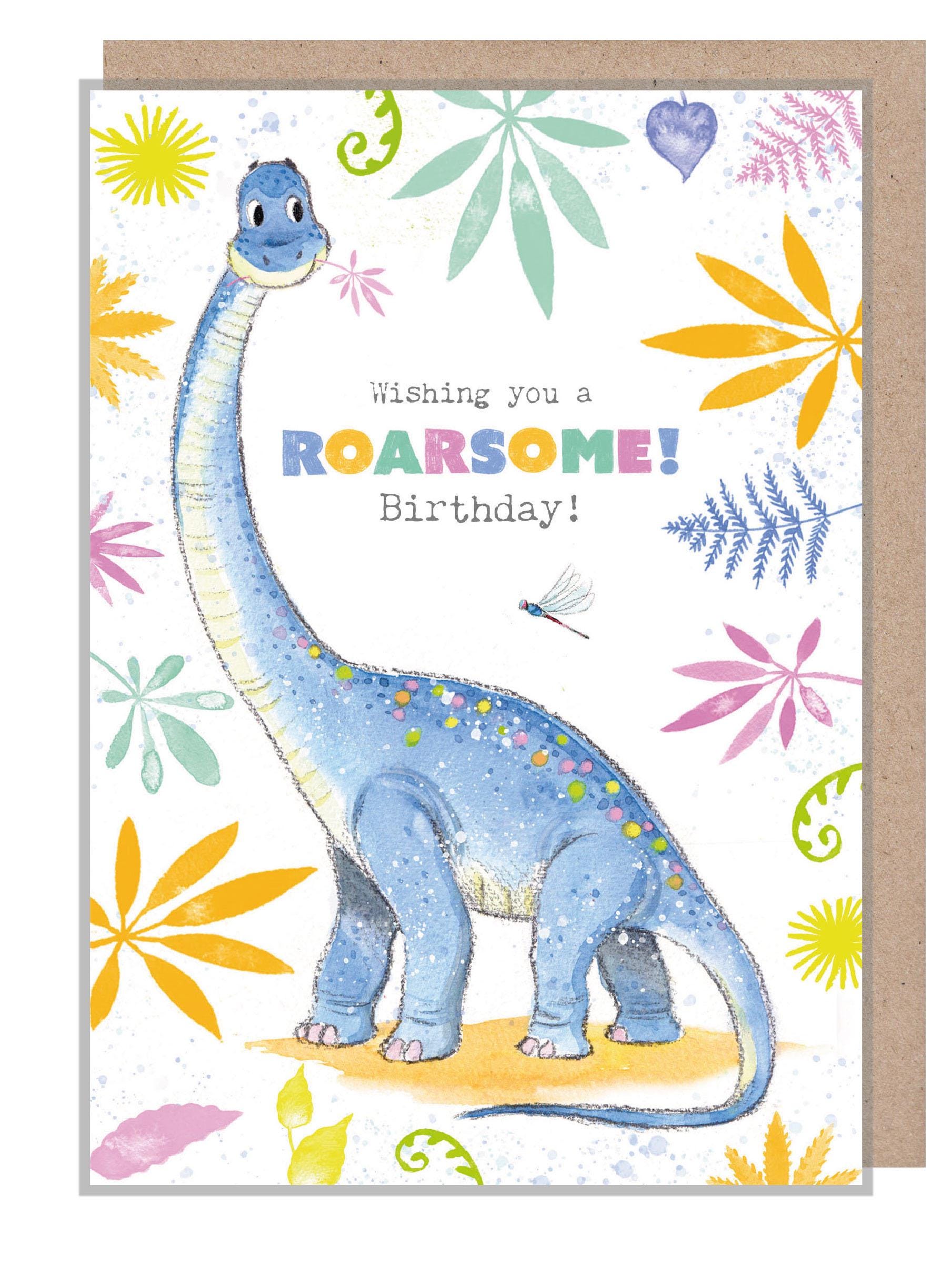 Birthday Card - Wishing You a Roarsome Birthday -  Blue Diplodocus