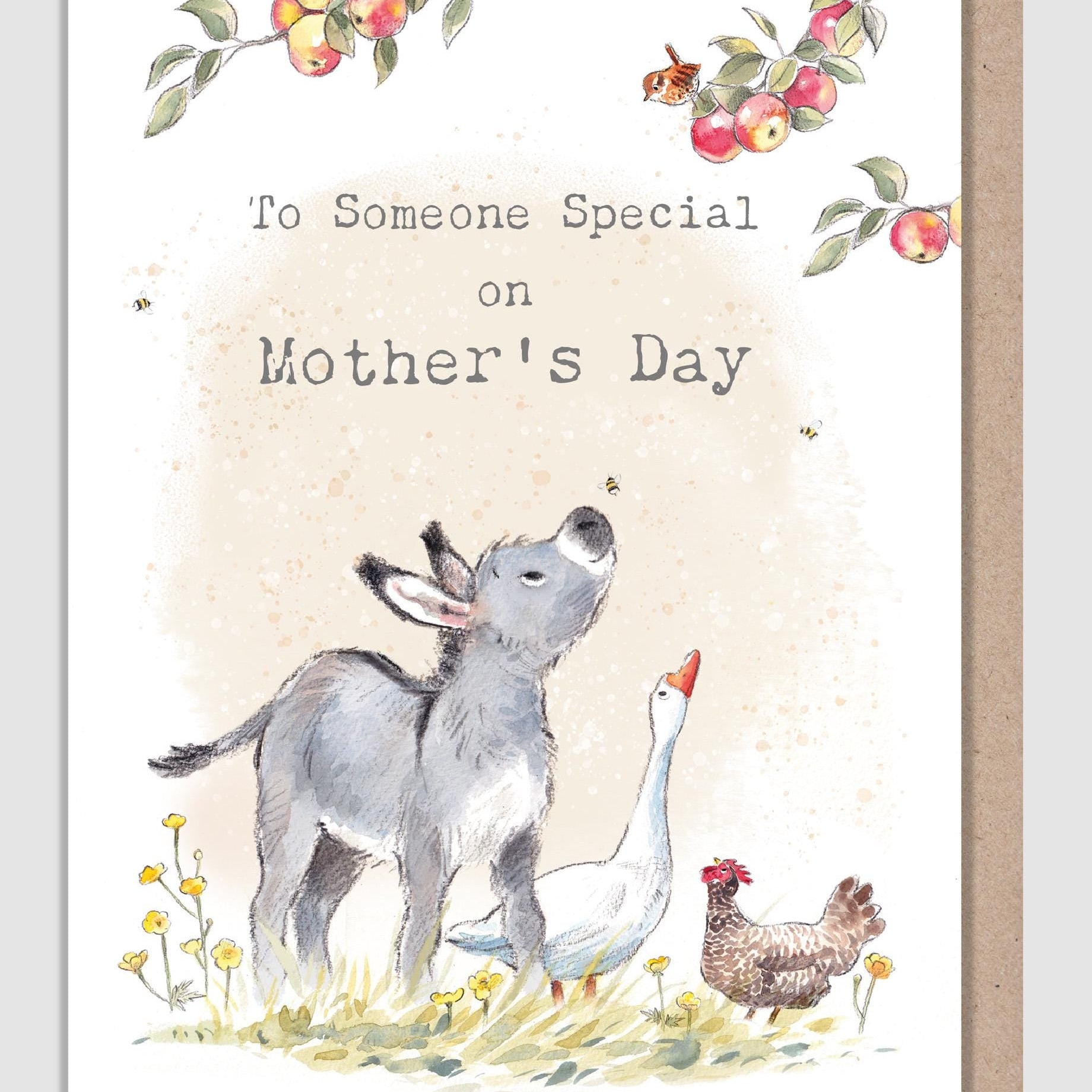 Mother's Day Card - to Someone Special - Donkey, Goose and Hen with Apple Tree