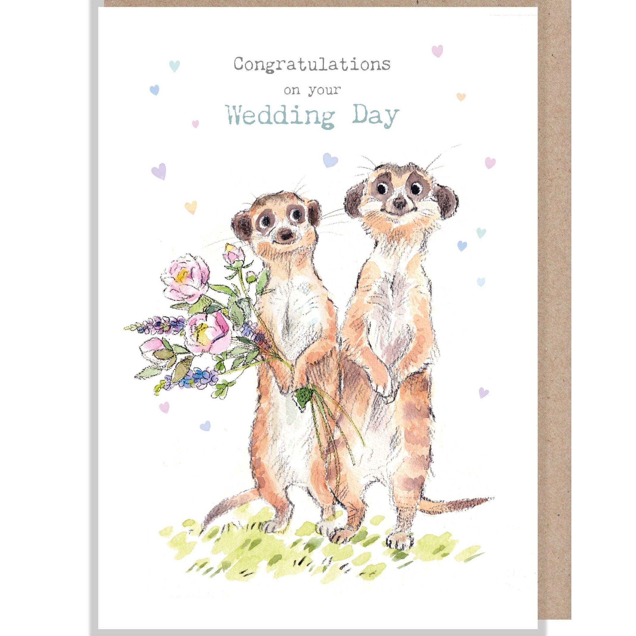 Wedding Card - Congratulations on Your Wedding Day - 2 Meerkats with Flowers and Confetti
