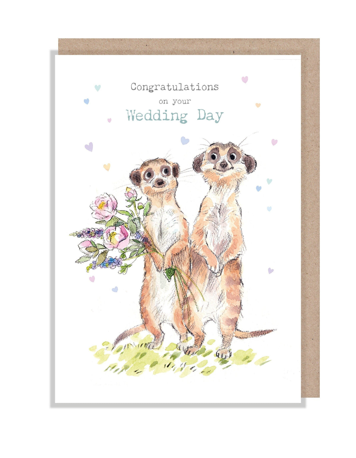 Wedding Card - Congratulations on Your Wedding Day - 2 Meerkats with Flowers and Confetti