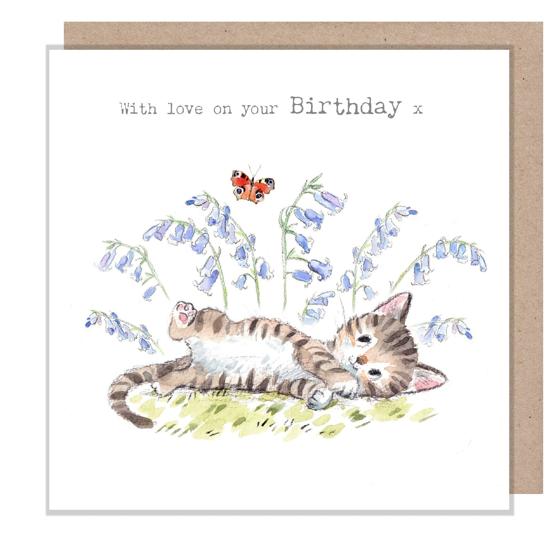 Birthday Card - with Love on Your Birthday - Kitten with Butterfly and Bluebells