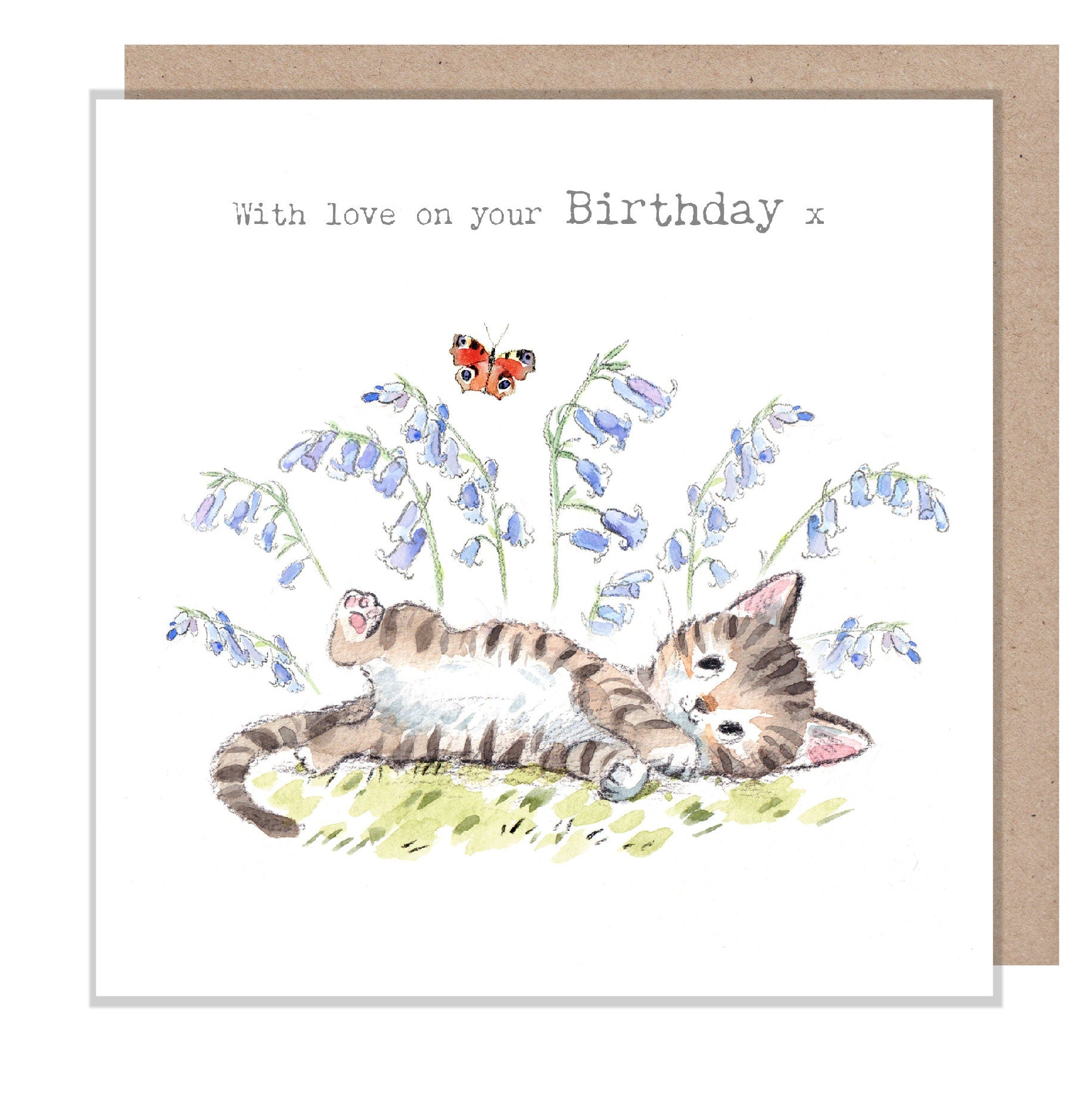 Birthday Card - with Love on Your Birthday - Kitten with Butterfly and Bluebells